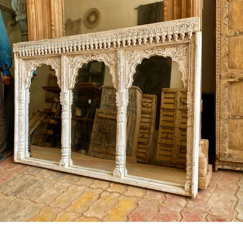 Handmade Carved Indian Jharokha Window - Solid Hardwood Large Arch Design in Rustic White Finish | Perfect for Home Decor, Wall Art, and Wedding Backdrops