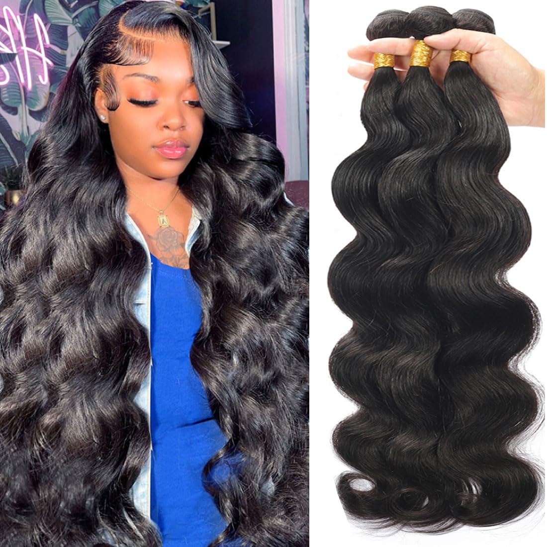 Aelinsi 100% Unprocessed Brazilian Virgin Human Hair Bundles - Body Wave 12A Grade (22, 24, 26 Inch) Natural Color Hair Extensions for Women | Perfect for Daily Wear, Styling, and Special Occasions