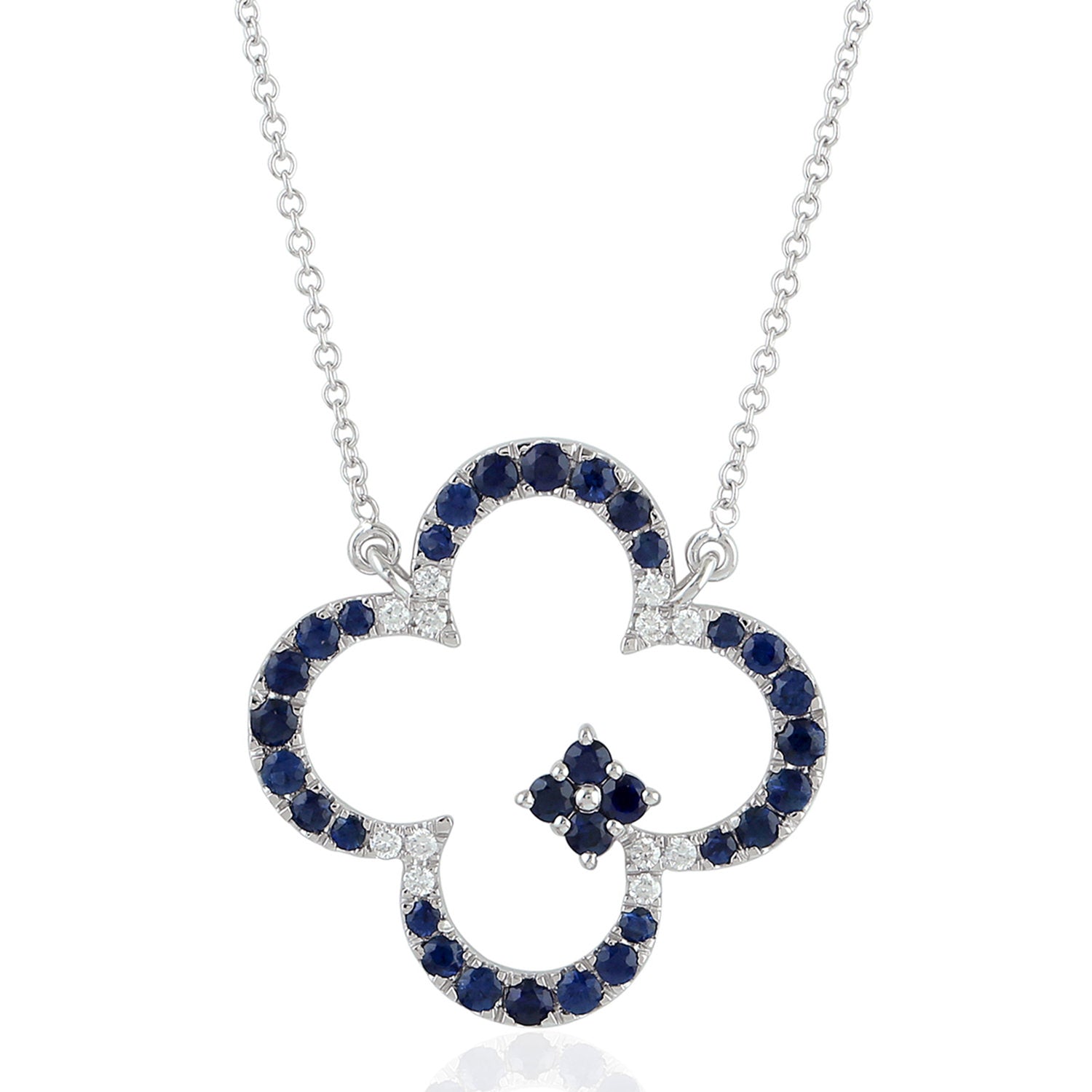Blue Sapphire Pave Diamond Clover Choker Necklace in 14K White Gold - Elegant Jewelry for Women, Perfect for Weddings, Anniversaries & Special Occasions
