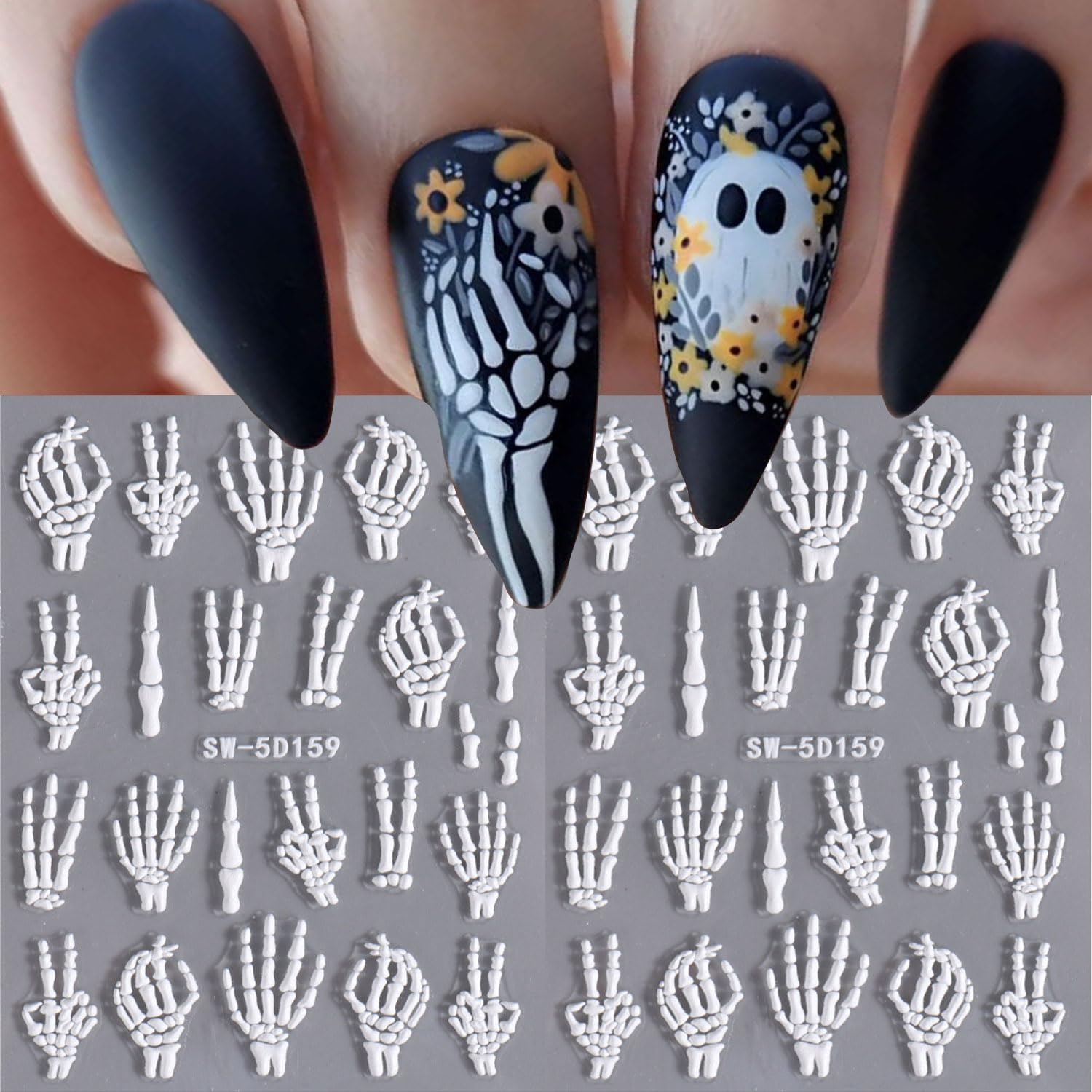 2Pcs Halloween Nail Art Stickers - 5D Embossed Skull & Skeleton Nail Decals with Fantasy Bone Design, White Hand & Finger Bones Nail Stickers for Women - Perfect for Halloween Parties, Costume Nail Art & Spooky Nail Designs