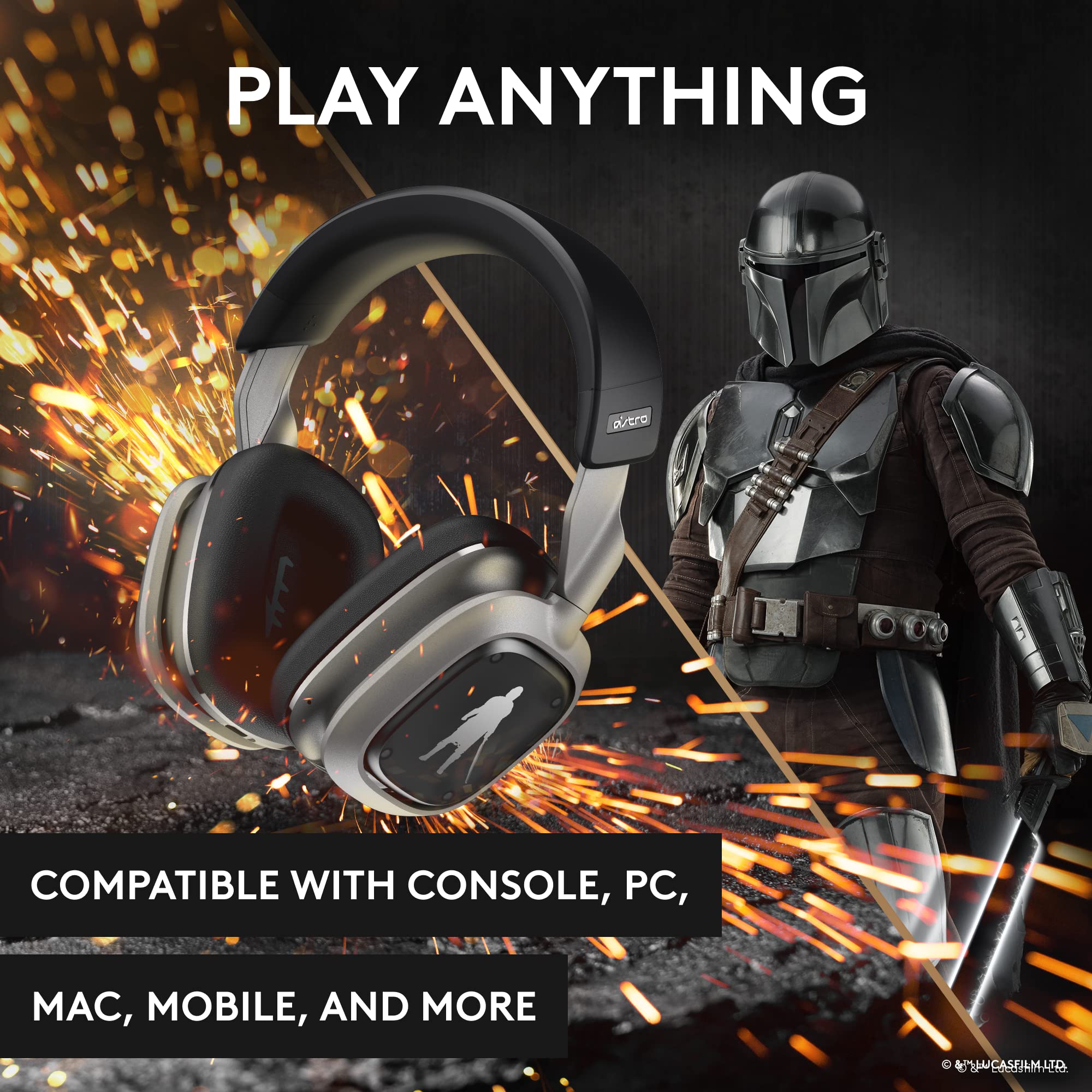 Logitech G Astro A30 Lightspeed Wireless Gaming Headset for Xbox Series X|S, PC, Switch - Bluetooth & 2.4Ghz Dual Connectivity, Detachable Mic, USB-C/3.5mm - The Mandalorian Edition (Silver) - Perfect for Competitive Gaming & Streaming