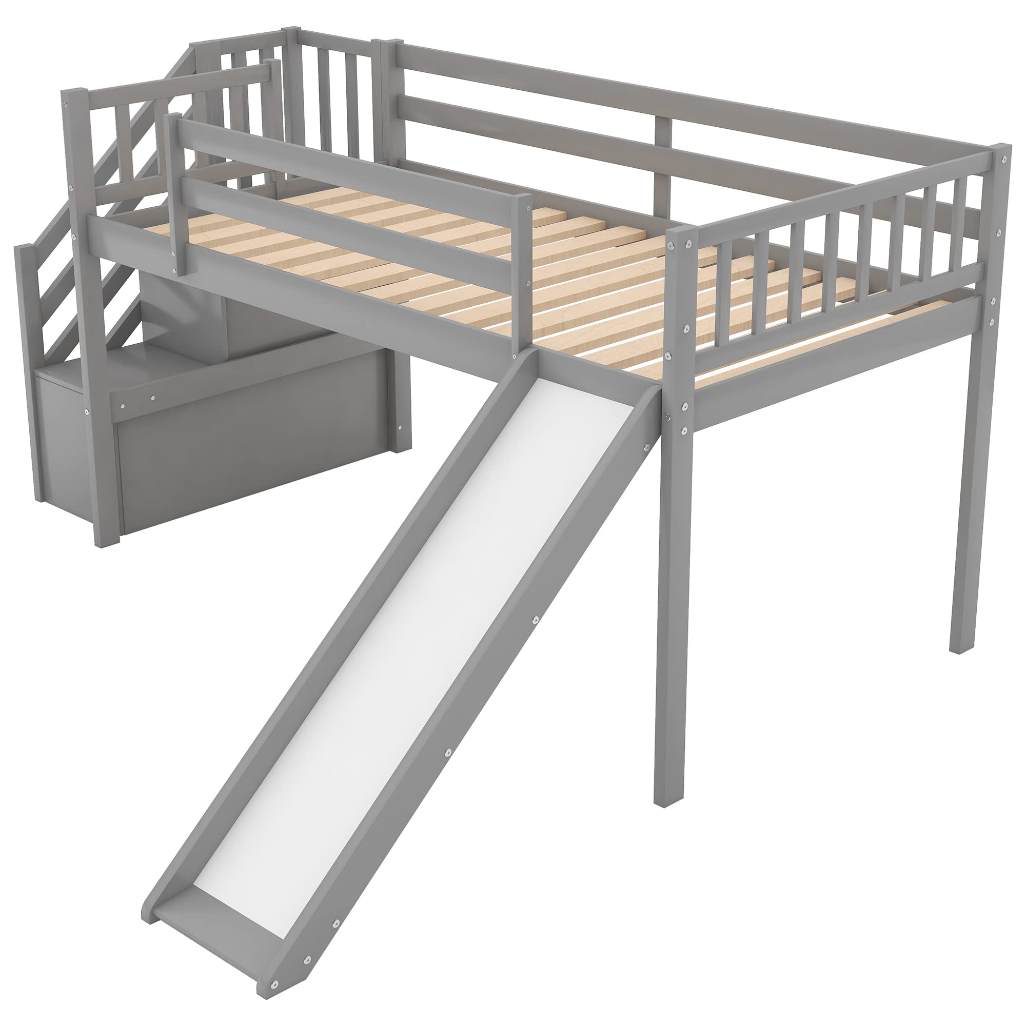 Convertible Twin Size Solid Wood Loft Bed with Fun Slide & Storage Staircase - Kids & Teens Low Bunk Bed with Safety Guardrail & Reinforced Wood Slats (Grey) - Perfect for Small Bedrooms, Playrooms & Dorm Rooms