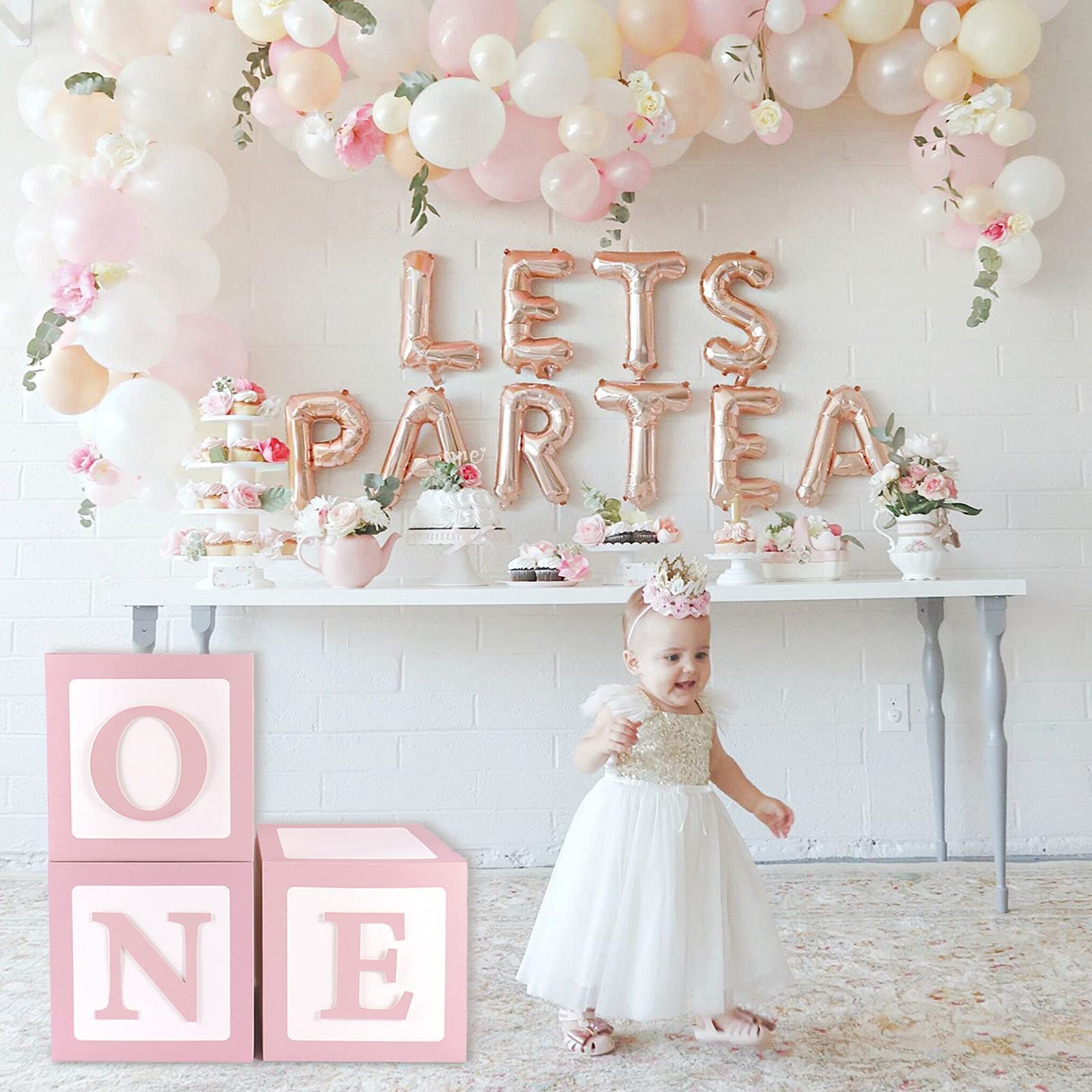 QIFU 1st Birthday Decorations for Girls - 3-Piece Pink ONE Letter Balloon Box Set with Blocks for Birthday Party Decor & Newborn Photo Props | Perfect for Baby's First Birthday, Gender Reveal, and Photography Backdrops