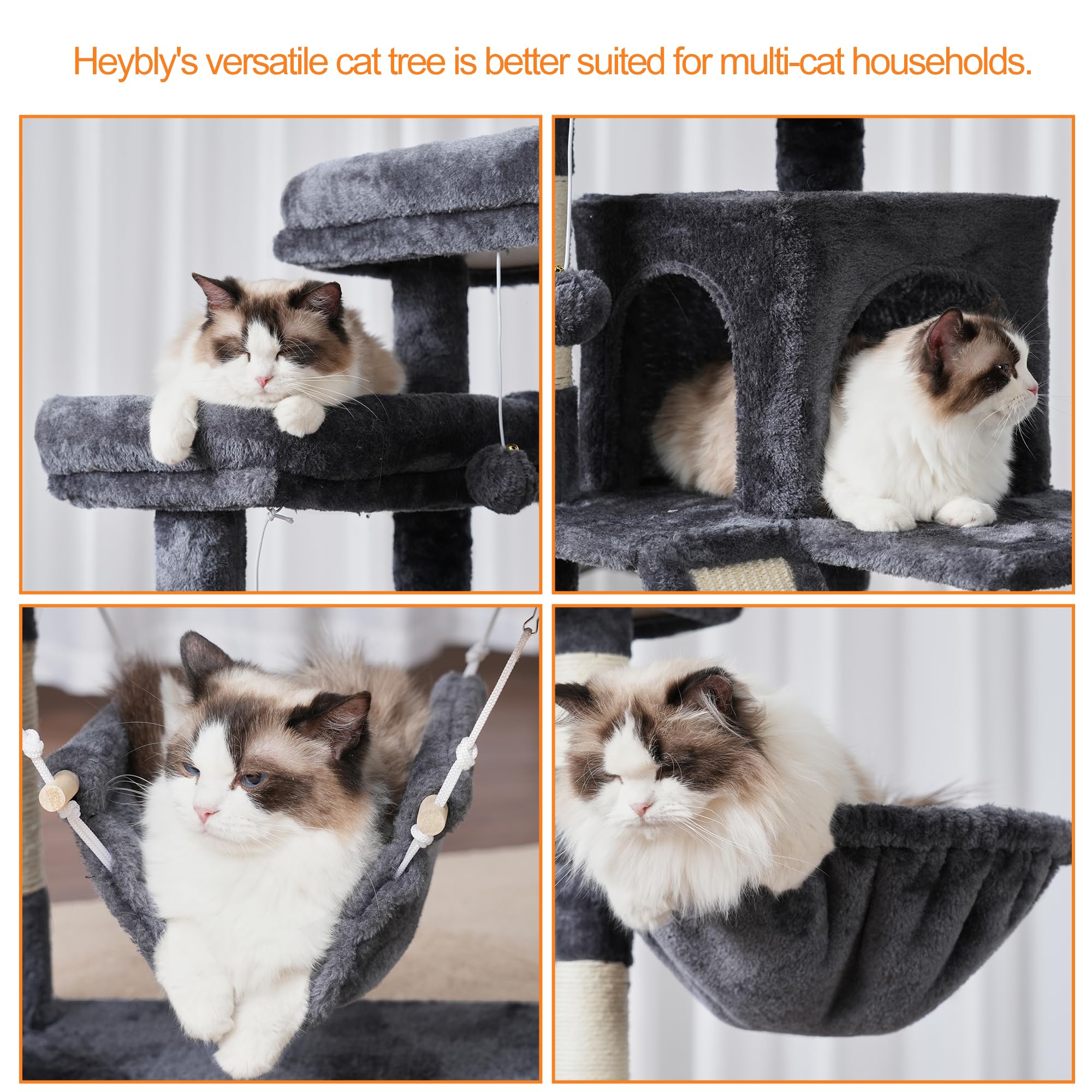 Heybly 71-Inch Tall Cat Tree for Indoor Cats - 2 Perches, 2 Large Condos, 2 Hammocks, Basket & Scratching Pad - Durable Cat Furniture Tower in Smoky Gray (HCT034G) - Perfect for Play, Rest & Scratching in Living Rooms & Bedrooms