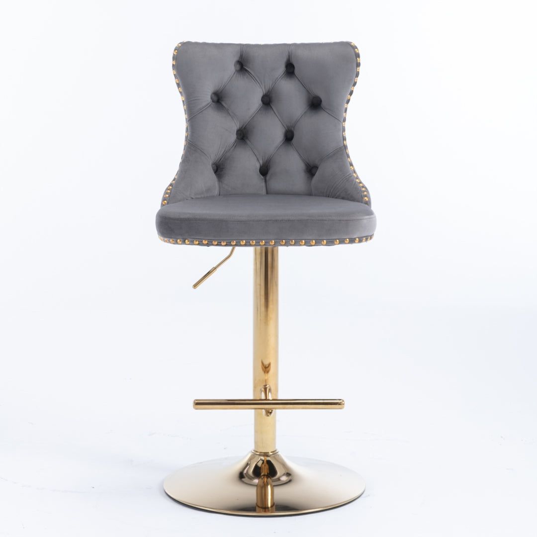 Adjustable Height Swivel Bar Stool with Footrest - Velvet Upholstery, Studded Design & Golden Base (Grey) - Perfect for Kitchen Islands, Home Bars & Dining Counter Stools