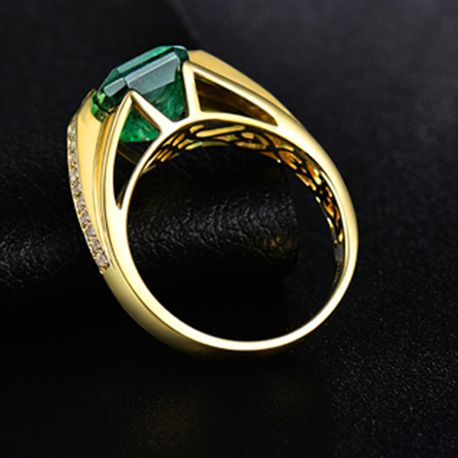 18K Yellow Gold Vintage Wedding Bands for Men with Created Emerald & Moissanite/Zirconia - Unique 925 Sterling Silver Rings - Perfect for Engagement, Anniversary & Special Occasion Gifts