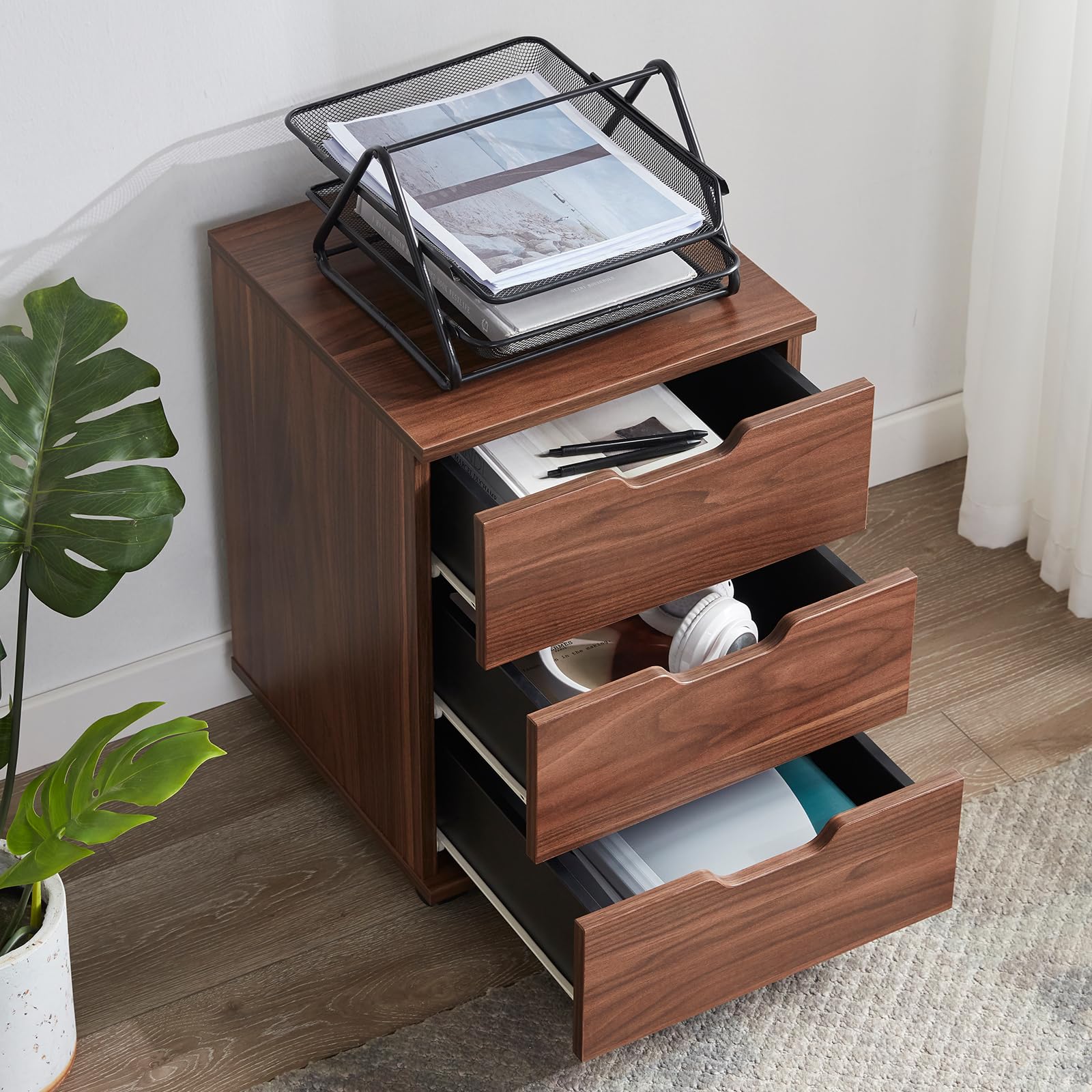 Farini Wood File Cabinet for Home Office - 3 Drawer Mobile Storage Organizer Under Desk (Brown, Fully-Assembled) - Perfect for Office Organization, Small Space Storage & Home Office Decor