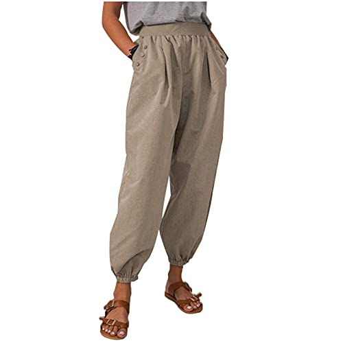 Women's Plus Size Linen Harem Pants with Pockets - Comfortable Casual White Pants for Summer, Lounge & Travel (Coffee, XXXL) - Perfect for Yoga, Beach & Everyday Wear