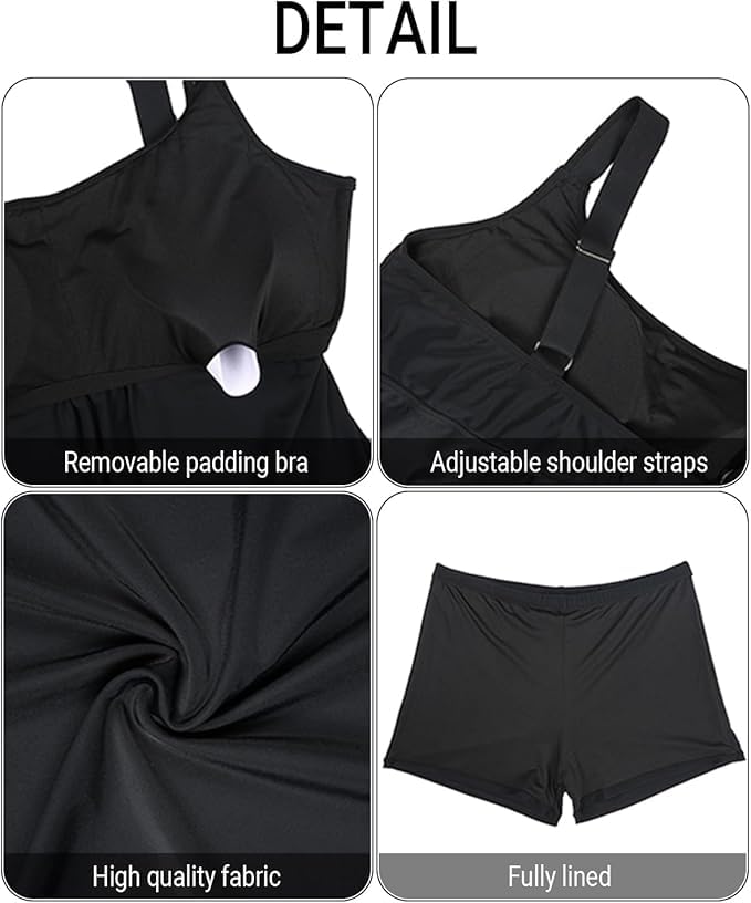Holipick Women's Plus Size 2 Piece Flowy Tankini Swimsuits with Boyshorts - U Neck Swim Tops & Bathing Suits for Beach, Pool & Vacation | Comfortable Swimwear for Curvy Women