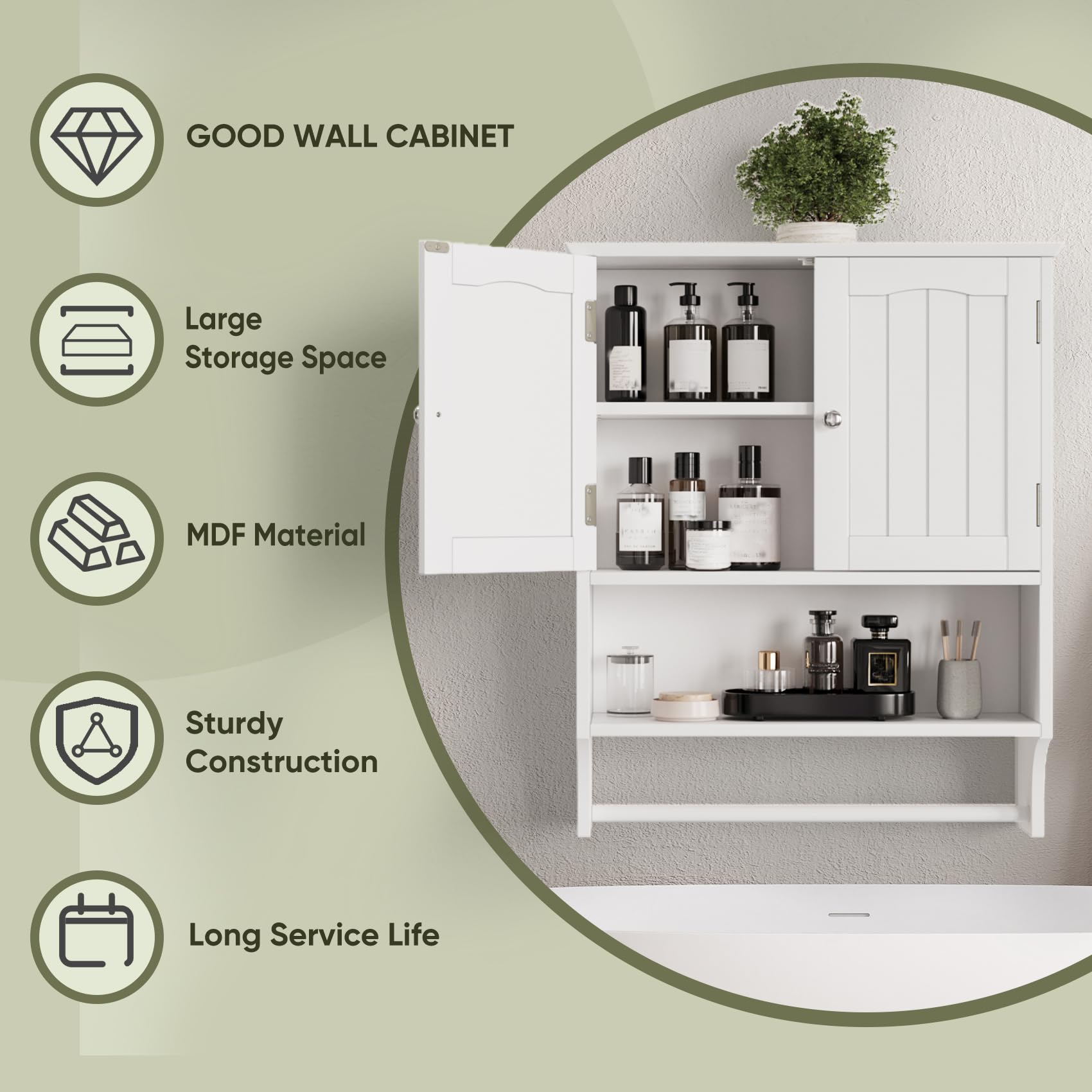 Smuxee White Wall Mounted Bathroom Cabinet with Towel Bar - 2 Door Adjustable Shelves Medicine Cabinet | Space Saving Over Toilet Storage for Bathroom, Laundry Room & Kitchen Organization