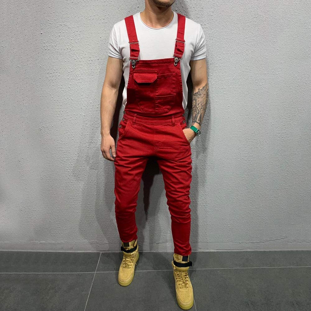 Men's Denim Overalls - Dungaree Bib Pants with Button Front & Pockets - Moto Biker Style Jeans for Casual Wear (Wine Red, Small) - Perfect for Motorcycle Riding, Outdoor Work & Vintage Fashion