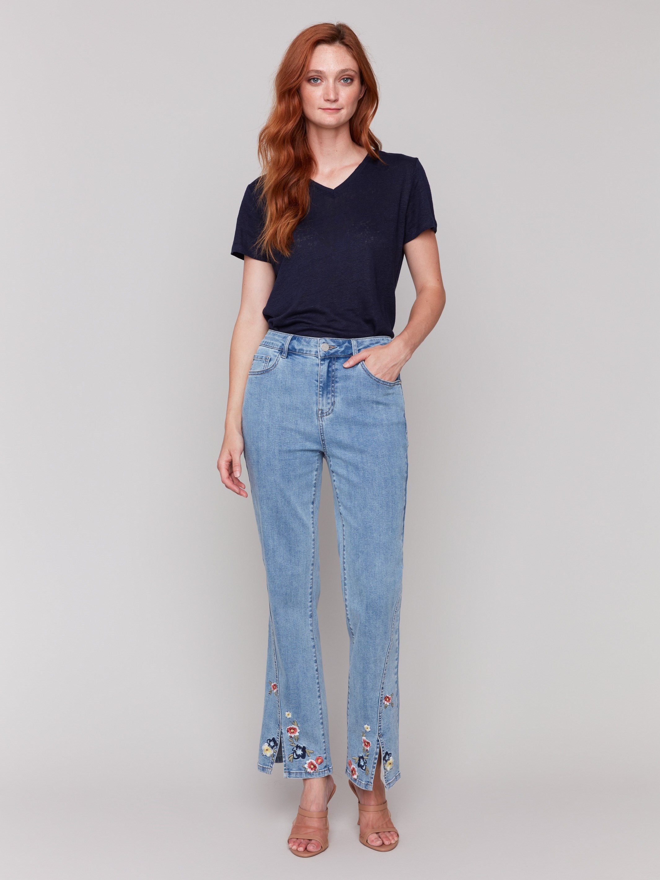 Floral Embroidered Bootcut Jeans for Women - Light Blue Denim Pants - Perfect for Casual Outings & Boho Style Fashion