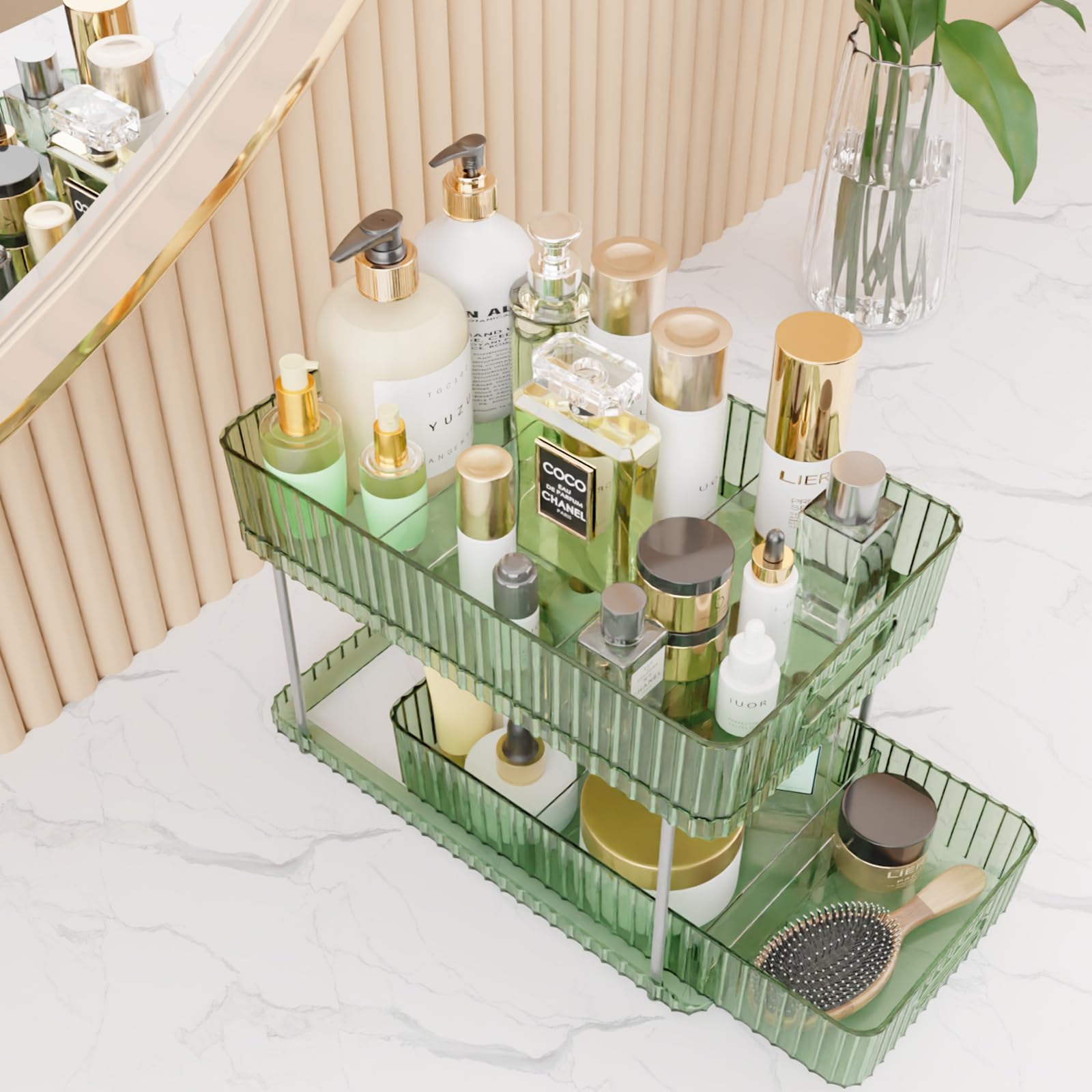 2 Tier Makeup Organizer Countertop - Large Capacity Cosmetic Display Case with Partition Board for Vanity | Makeup Holder & Cosmetic Organizer (Green) | Perfect for Bathroom Counter, Dressing Table & Travel Storage
