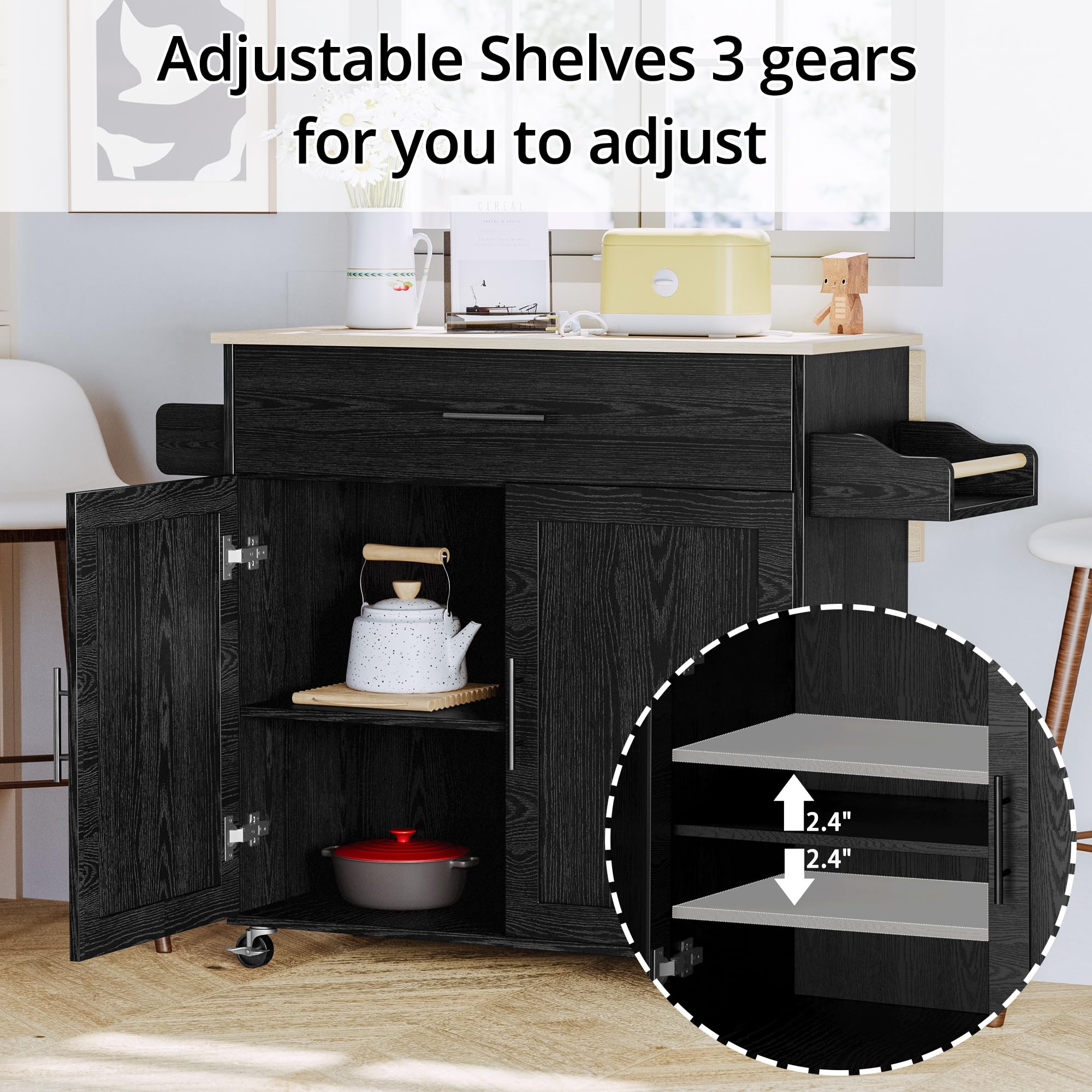 IRONCK Black Kitchen Island Cart with Storage - Rolling Mobile Kitchen Island with Drop Leaf, Charging Station, 3-Tier Spice Rack, Cabinet & Drawer - Perfect for Small Kitchens, Dining Areas & Food Prep Stations