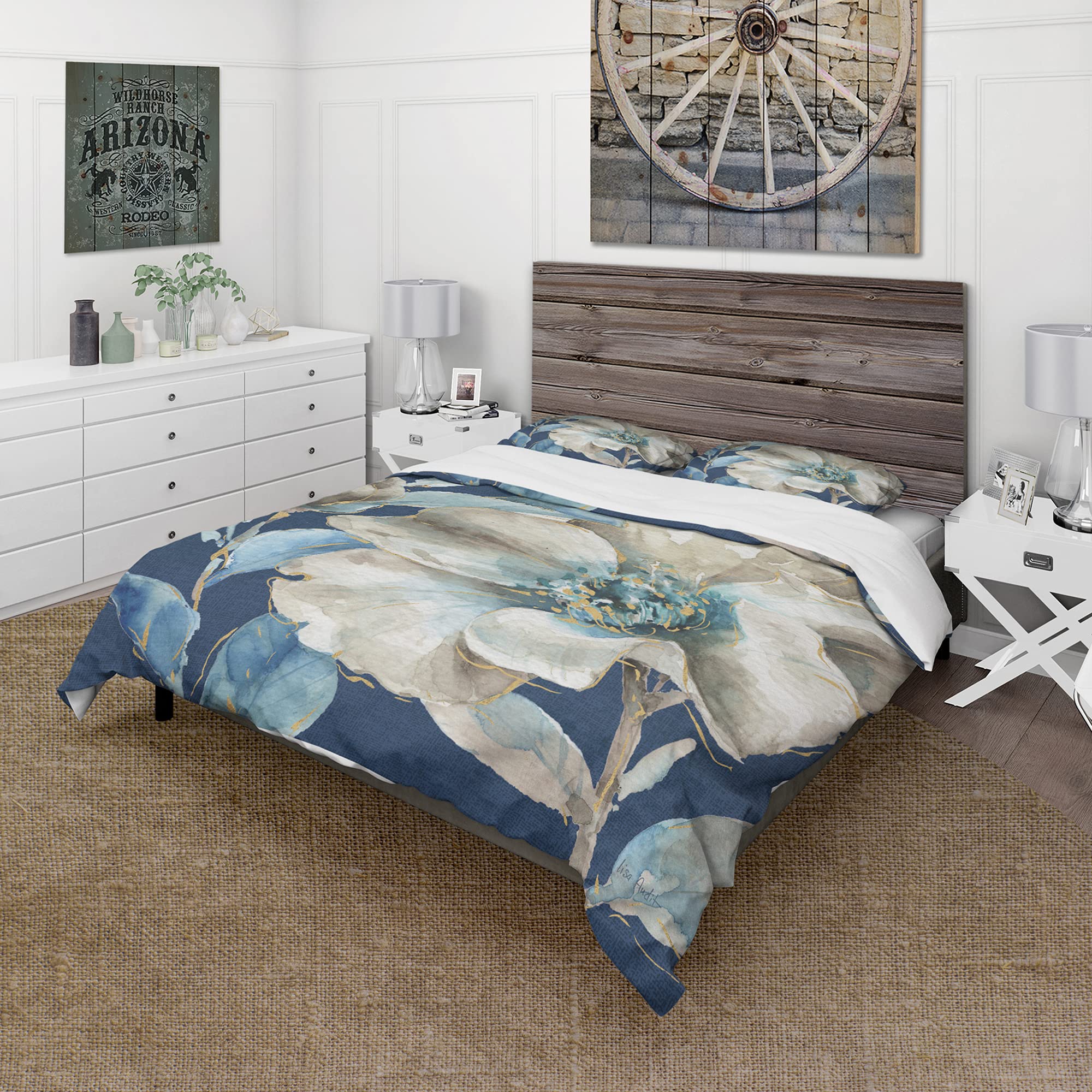 DesignQ Indigold Watercolor Floral Duvet Cover Set - Twin Size, Blue Traditional Bedding Set of 3 Pieces for All Seasons | Perfect for Guest Rooms, Master Bedrooms & Cozy Home Decor