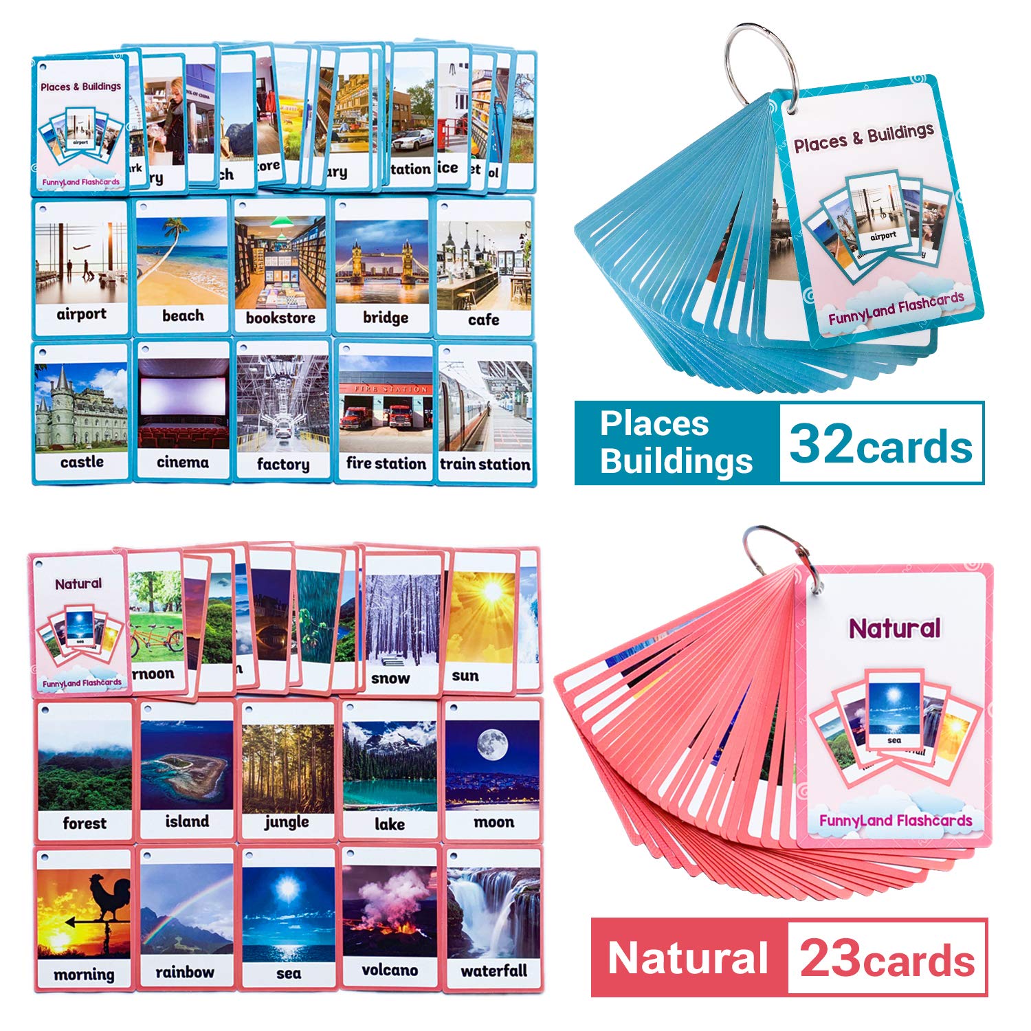 Natural Places & Buildings - 2 Sets of English Flash Cards for Kids | Preschool Learning Toys | Vocabulary Building for Toddlers & Kindergarten | Perfect for Homeschooling & Classroom Activities