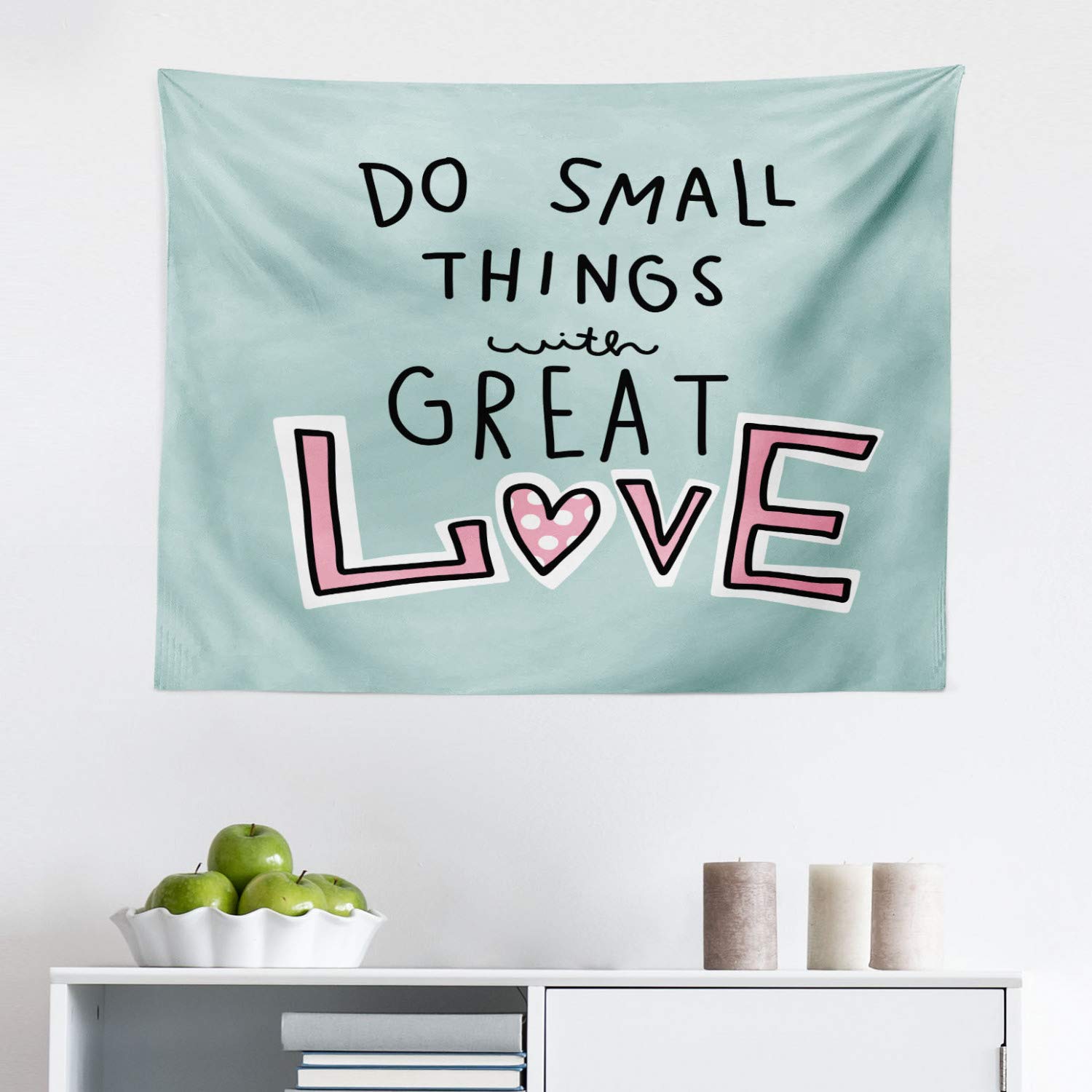 Ambesonne Love Inspiration Tapestry Wall Hanging - Motivational 'Do Things with Love' Typography with Heart Design - 28x23 Inch Bohemian Fabric Decor for Bedroom, Living Room, Dorm - Pale Pink & Teal - Perfect for Home Decor, Gift Giving & Meditation Spaces