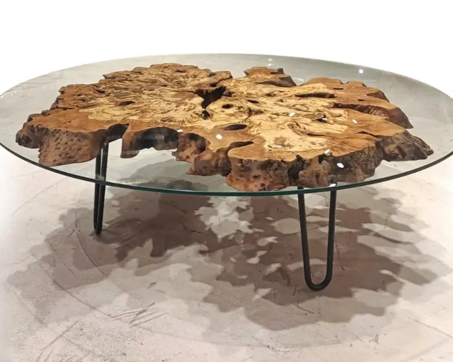 Handcrafted Olive Wood Rustic Coffee Table with Tempered Glass Top - Perfect for Living Room, Farmhouse & Modern Home Decor