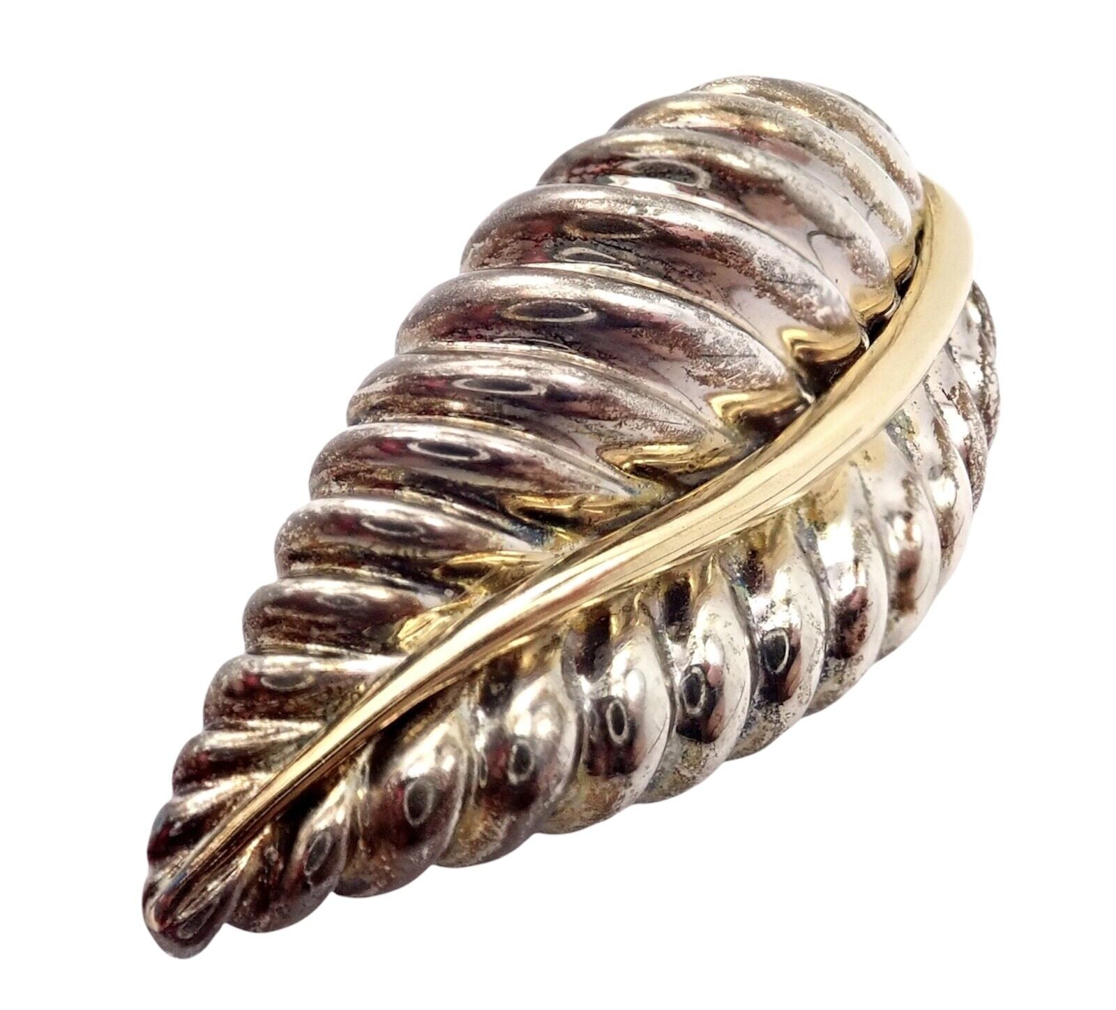 Authentic Tiffany & Co 18k Yellow Gold Silver Leaf Pin Brooch 2003 - Vintage Jewelry for Women, Perfect for Weddings, Parties & Special Occasions