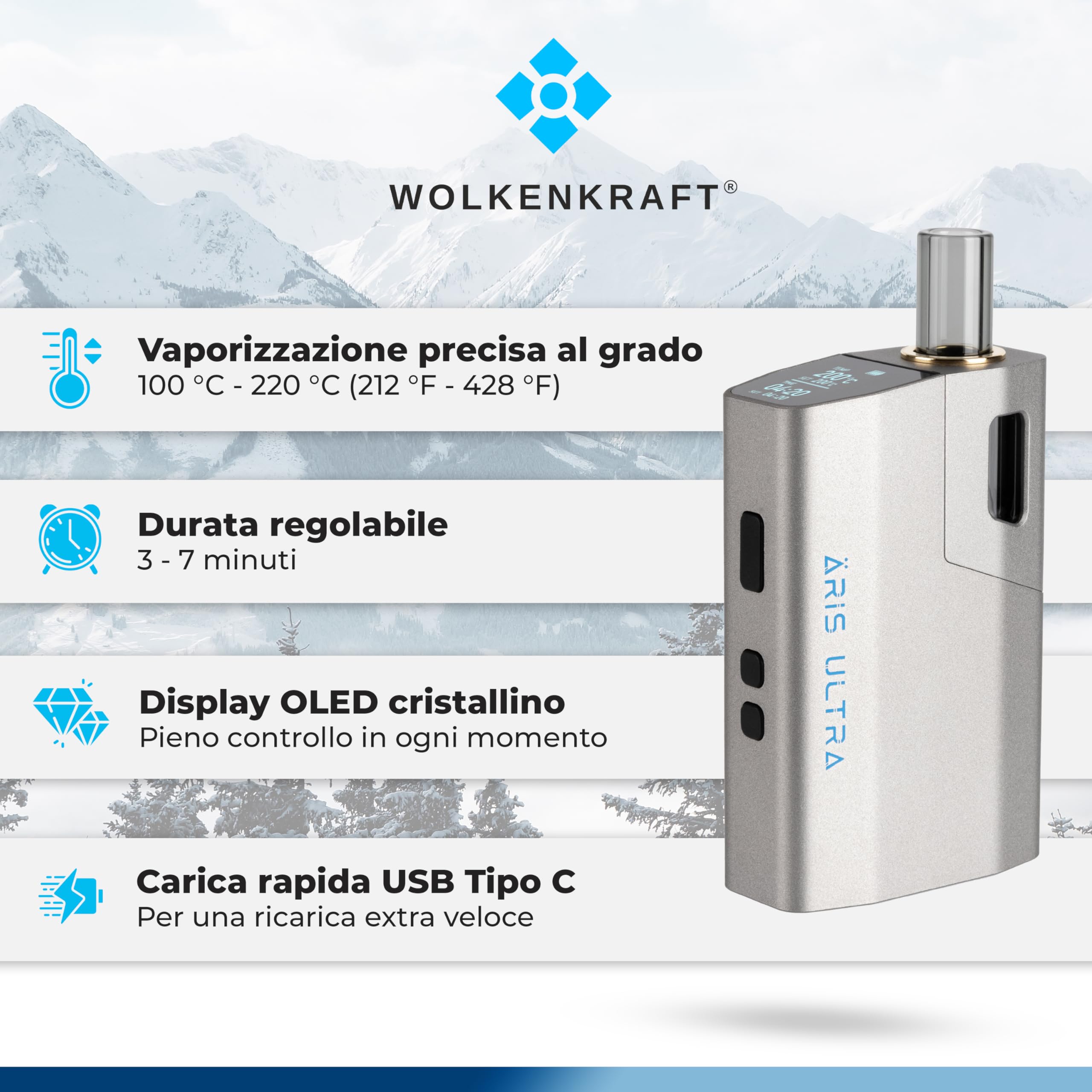 Premium WOLKENKRAFT ÄRiS ULTRA Dry Herb Vaporizer - USB-C Fast Charging | Titanium Chamber | Adjustable Temperature 100-220°C | Customizable Session Timer | ECA Convection Technology *Gun Metal* - Perfect for Home Use & Portable Vaping Sessions