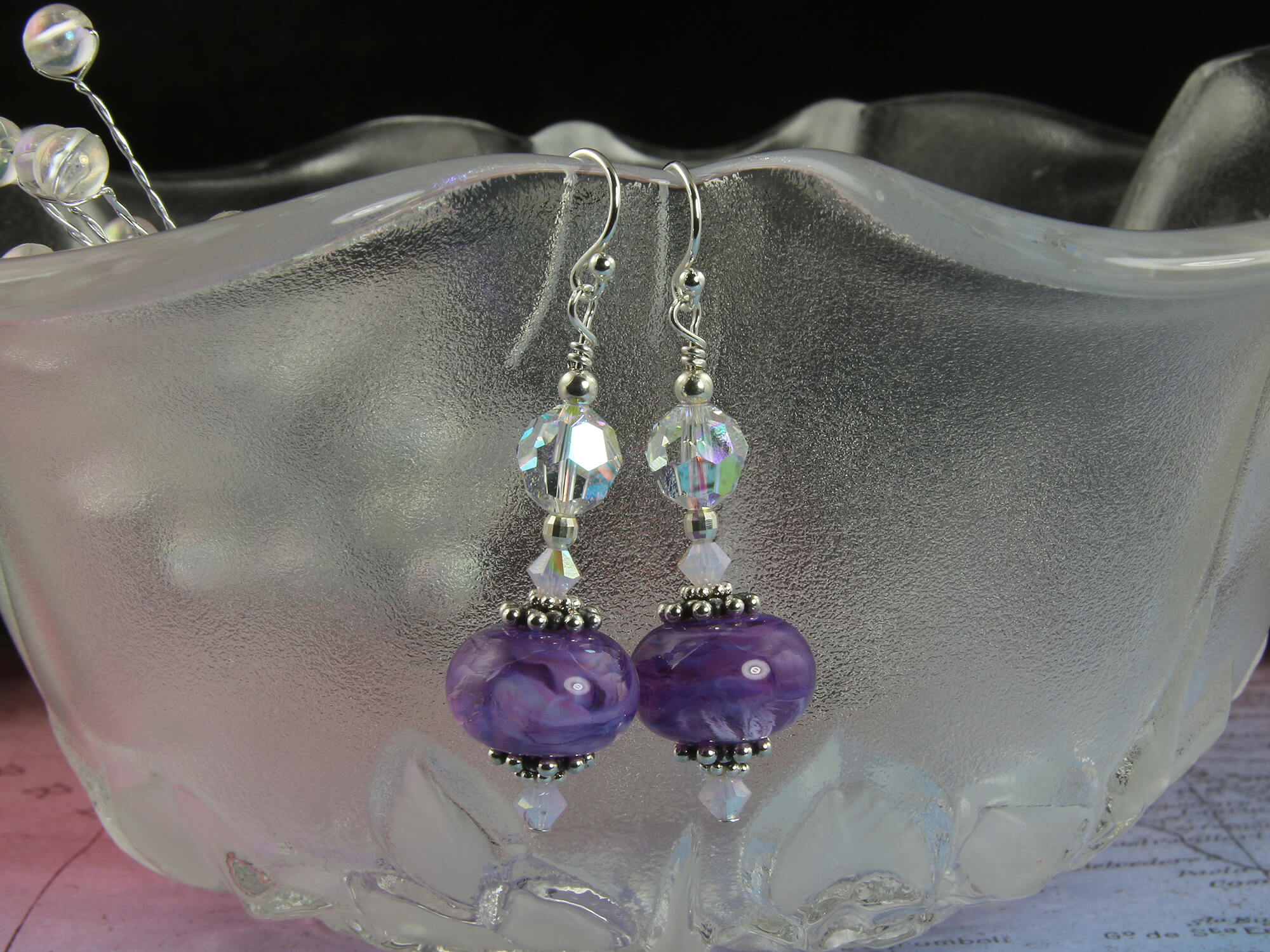 Handmade Orchid Purple Swirl Glass Lampwork Earrings - Boho Dangle Earrings for Women - Perfect for Weddings, Parties & Special Occasions