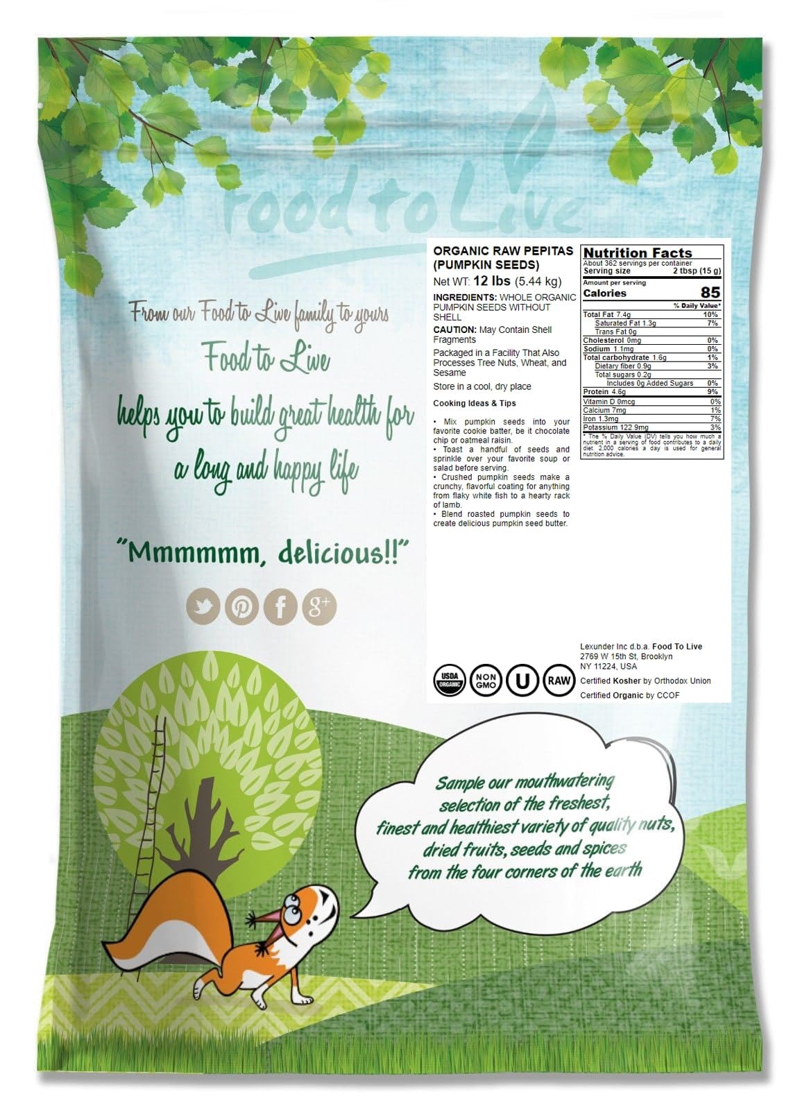 Food to Live Organic Raw Pepitas (Pumpkin Seed Kernels) — 12 Pounds, Non-GMO, Unsalted, No Shell, No Oil, Vegan, Kosher, Bulk. Perfect for Keto Diet, Healthy Snacking, Baking, Salads & Smoothie Bowls