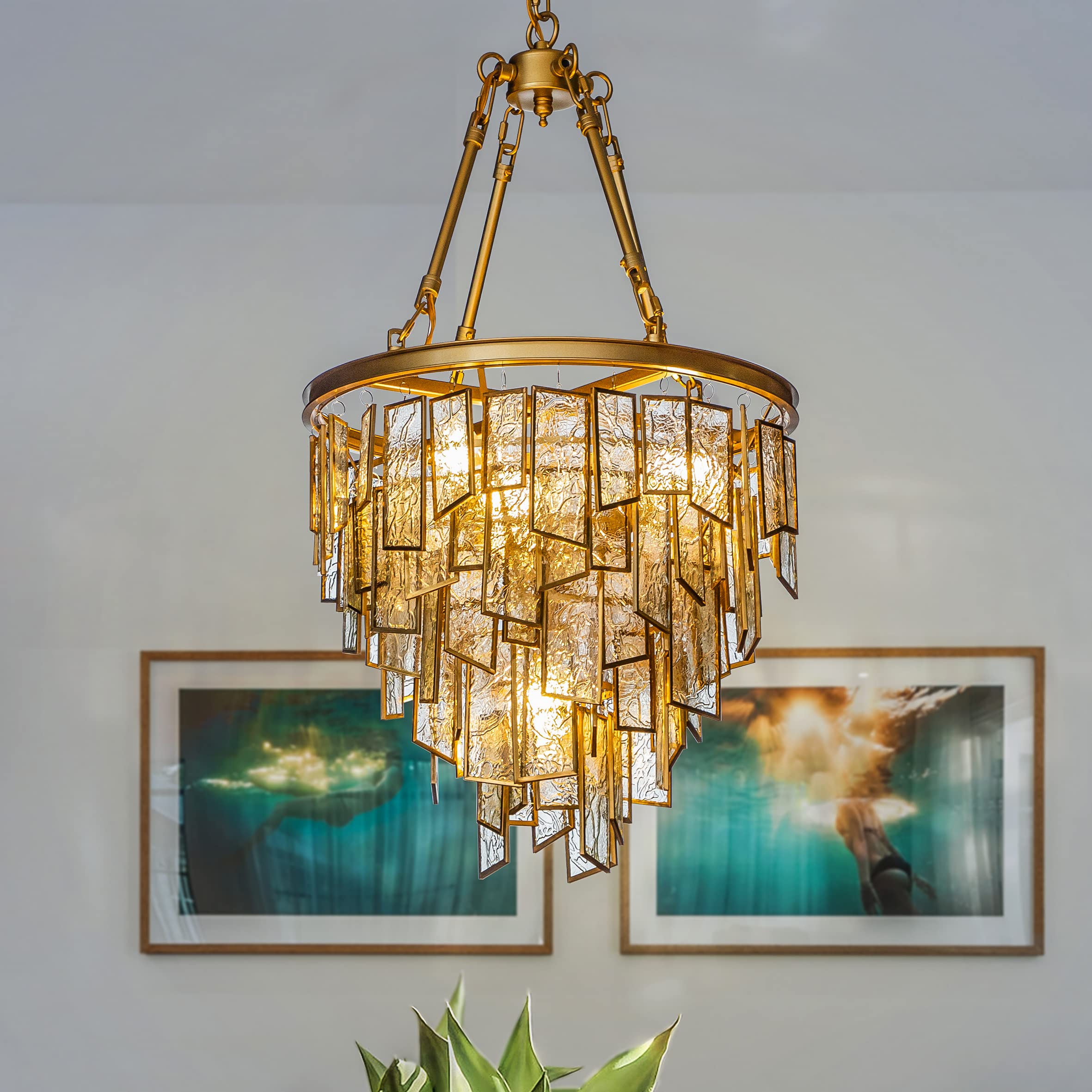 ALOADECOR 4-Light Glamorous Brass Tiered Chandelier with Water Glass Shade & Textured Glass Panes - 15.7 Inch Wide - Elegant Lighting for Living Room, Dining Room, Bedroom - Perfect for Modern Home Decor & Luxury Interior Design