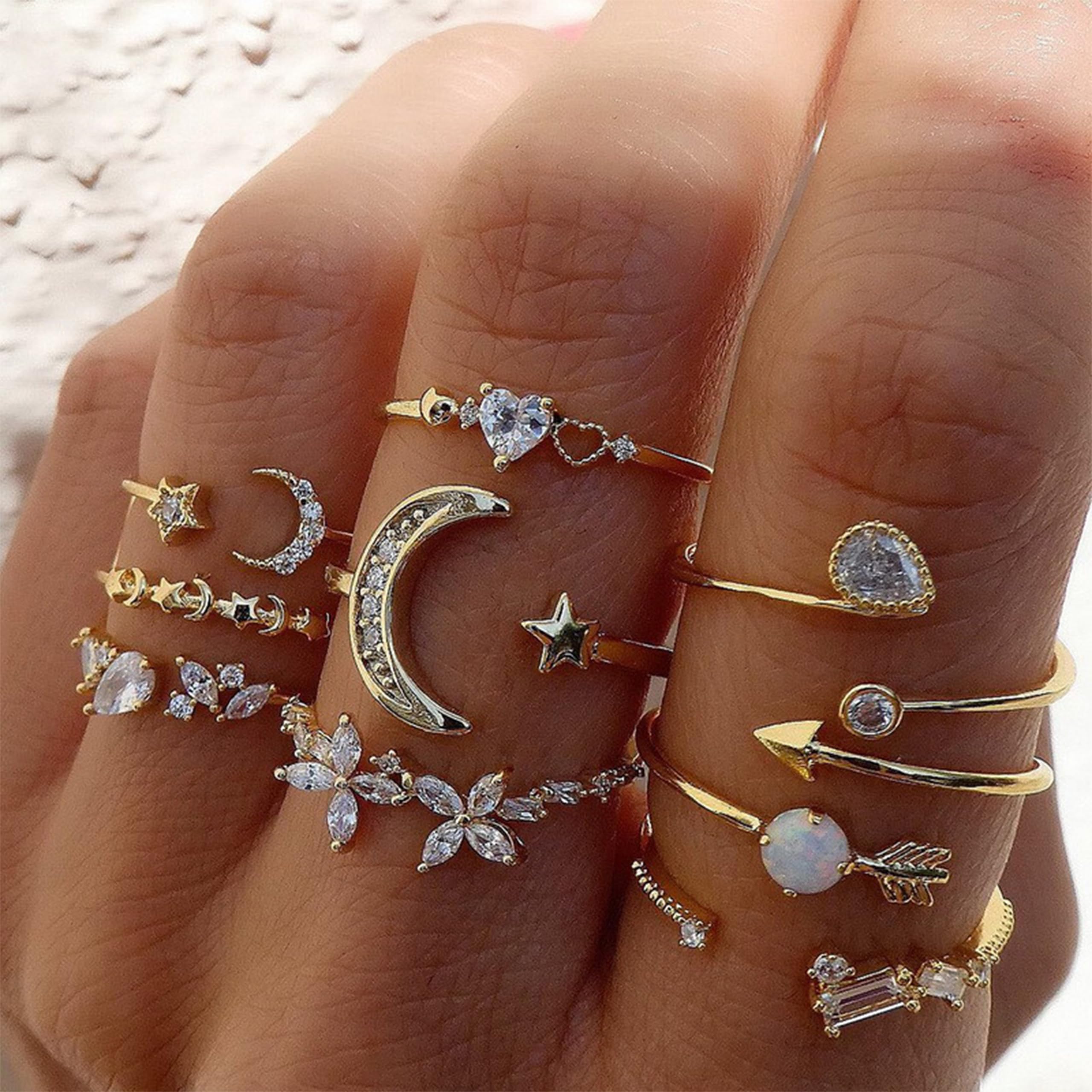 Trendy Gold Stackable Rings for Women - Boho Star Moon Heart Knuckle Rings Set - Elegant Jewelry Gift Pack for Birthday, Easter Basket Stuffers - Perfect for Layering & Everyday Wear
