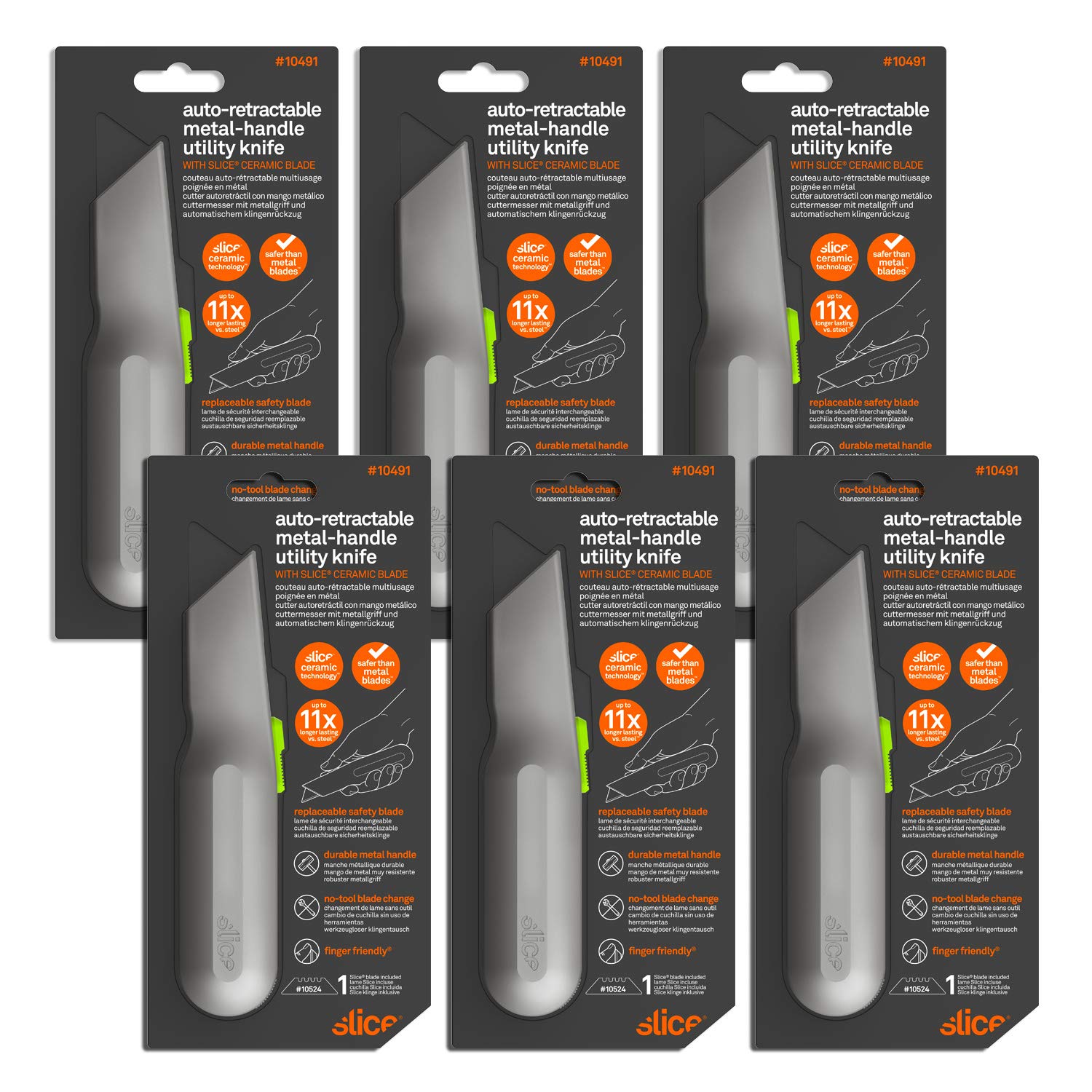 Slice 10491 Metal-Handle Utility Knife with Finger-Friendly Ceramic Blade - 6 Pack | Auto-Retracting Safety Design, Heavy-Duty Metal Handle & Comfort Grip | Extra Blade Storage, Ambidextrous & Easy Blade Change | Ideal for Office, Warehouse, DIY Projects & Packaging