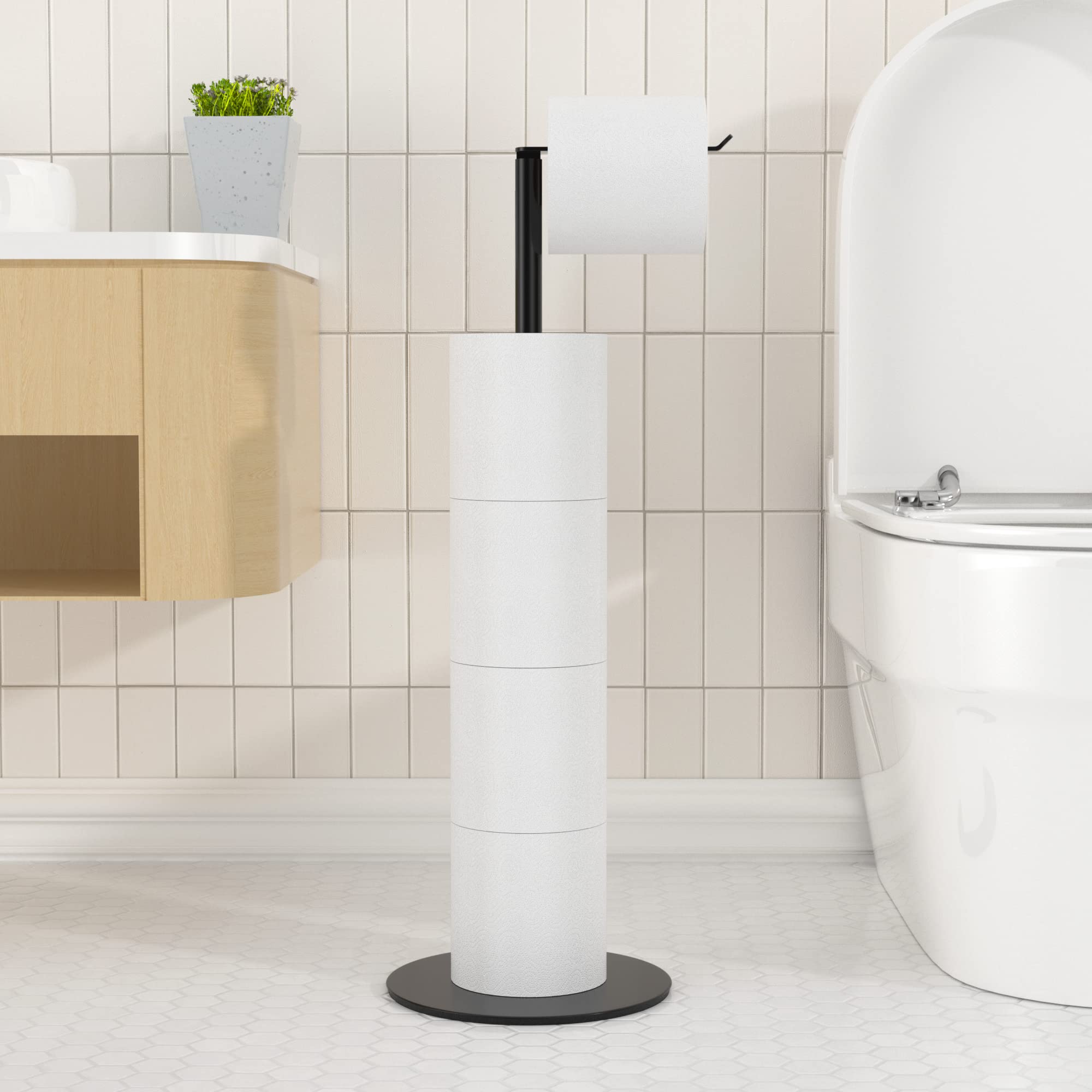 Stainless Steel Free-Standing Toilet Paper Holder with Weighted Base - Holds 4 Spare Rolls - Bathroom Tissue Dispenser & Storage Shelf for Home, Office, or Guest Bathroom