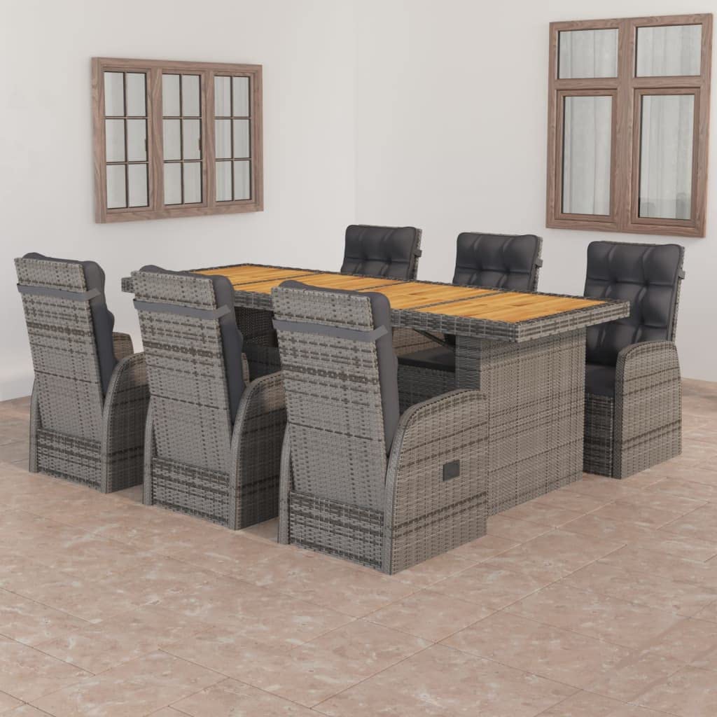 7-Piece Gray Poly Rattan Patio Dining Set with Cushions & Acacia Wood Tabletop - Adjustable Reclining Chairs for Outdoor Entertaining, Backyard BBQs & Poolside Relaxation