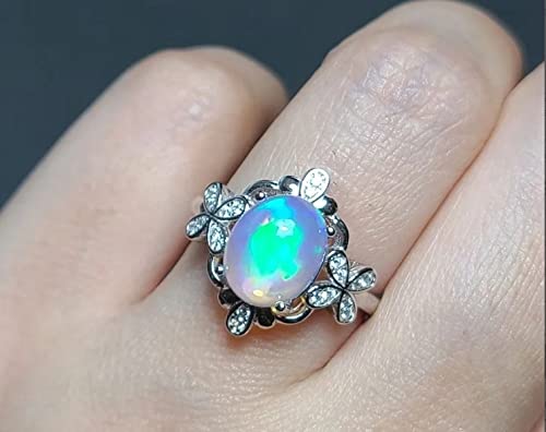 Ethiopian Fire Opal Ring - 925 Sterling Silver Oval Opal Flower Engagement Ring for Women - Perfect for Weddings, Anniversaries & Special Occasions