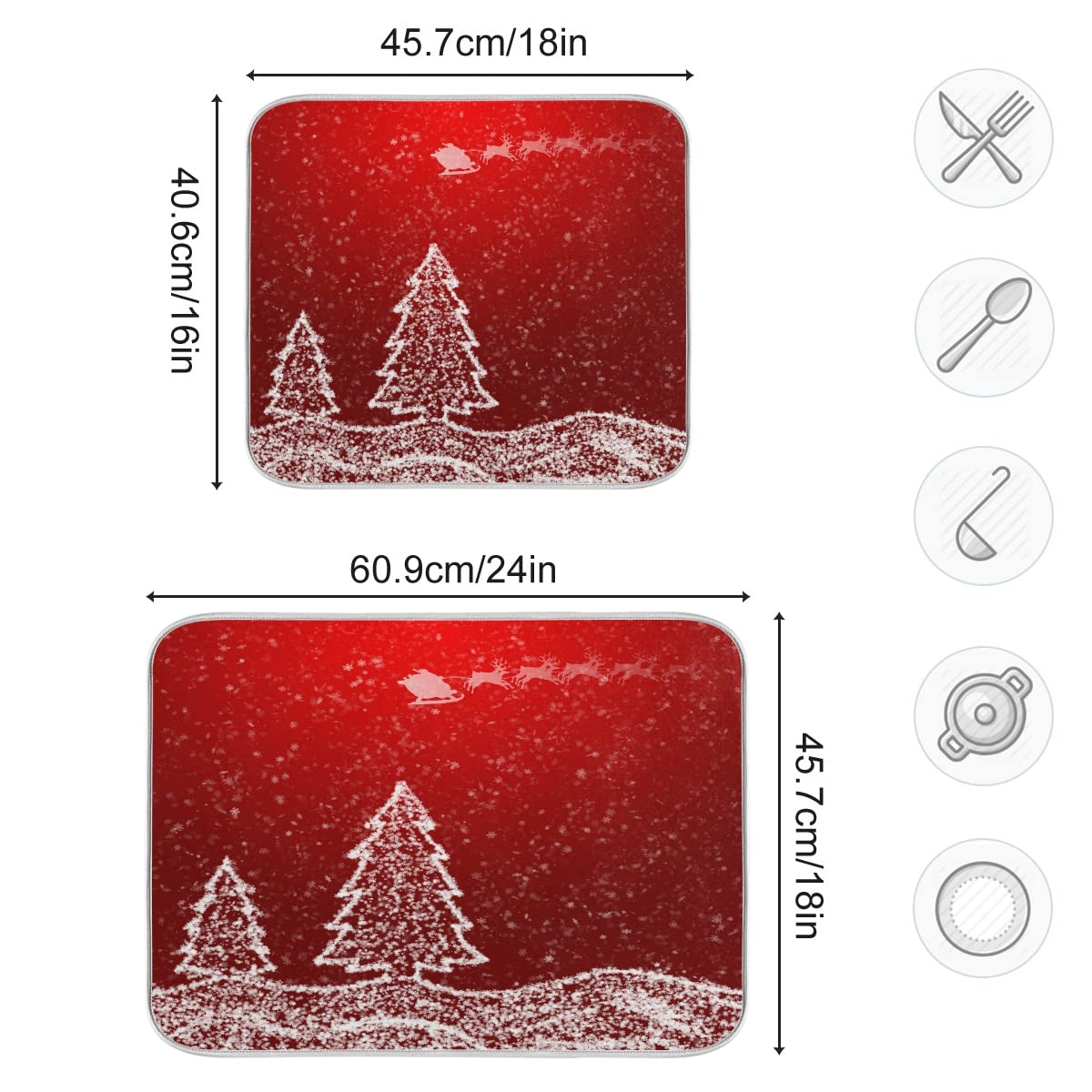EZOLA White Christmas Tree Snowflakes Red Dish Drying Mat - Reversible Kitchen Counter Absorbent Fast Dry Pad (16x18 Inches) - Perfect for Holiday Decor & Dish Drainage