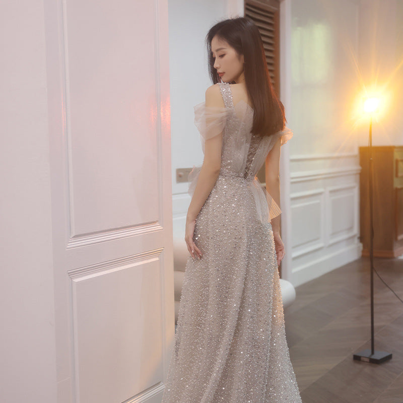 Elegant Off Shoulder Beaded Long Prom Dress - Sparkly Evening Gown for Women Size 41 | Perfect for Homecoming, Formal Dances & Special Occasions
