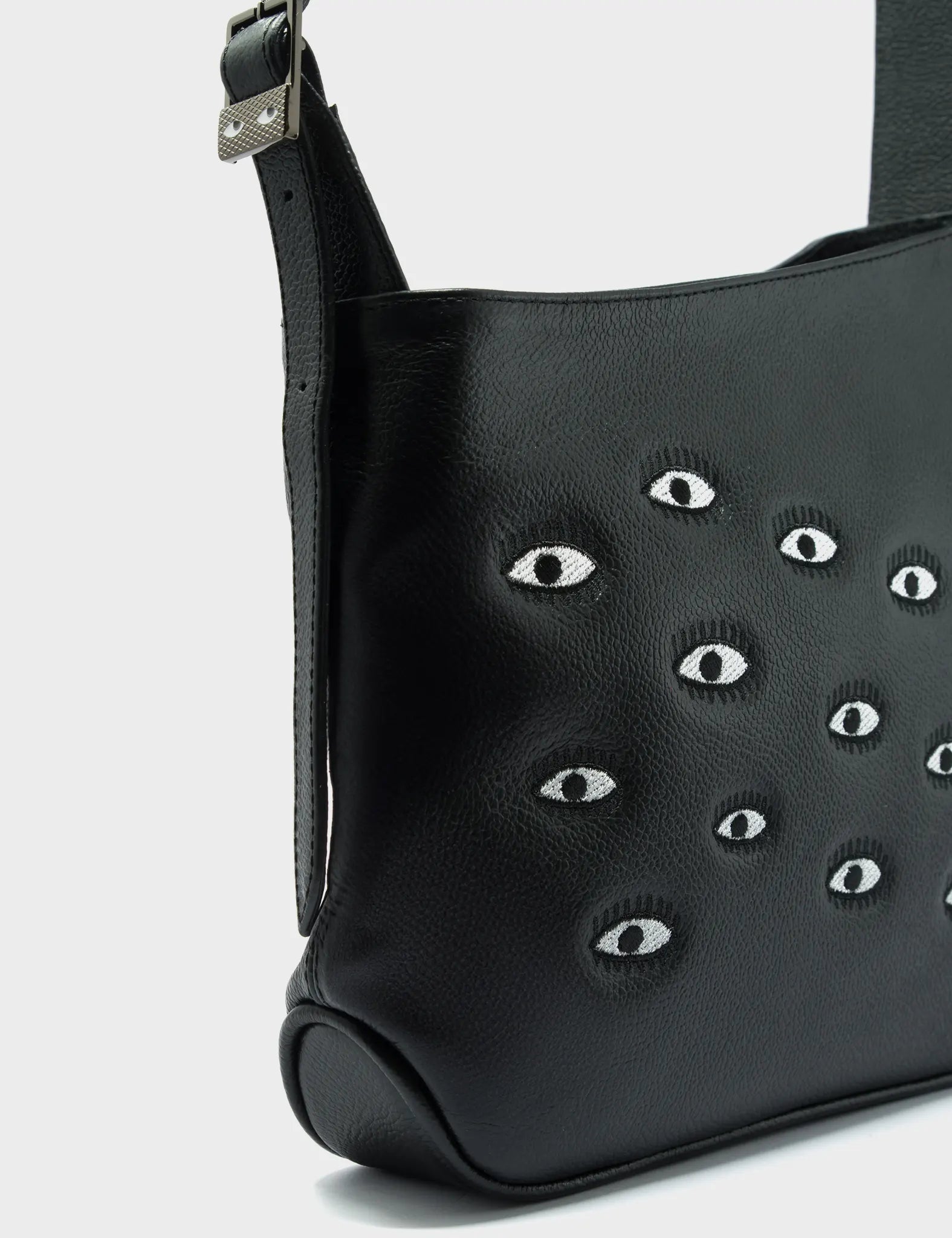 Bruno Hobo Shoulder Bag - Black Genuine Leather with All Over Eyes Embroidery - Perfect for Women's Casual Outfits, Travel & Everyday Use