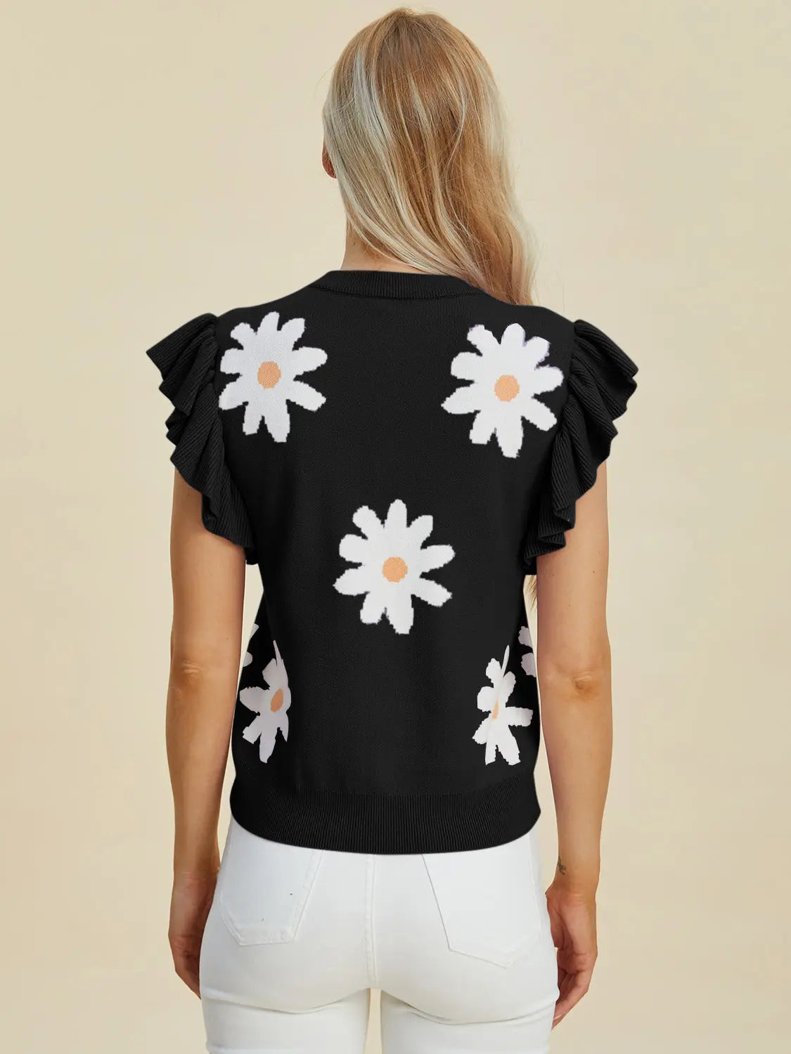 Double Take Full Size Ruffled Flower Round Neck Cap Sleeve Sweater - Women's Floral Knit Top for Casual Wear, Date Night & Office Outfits