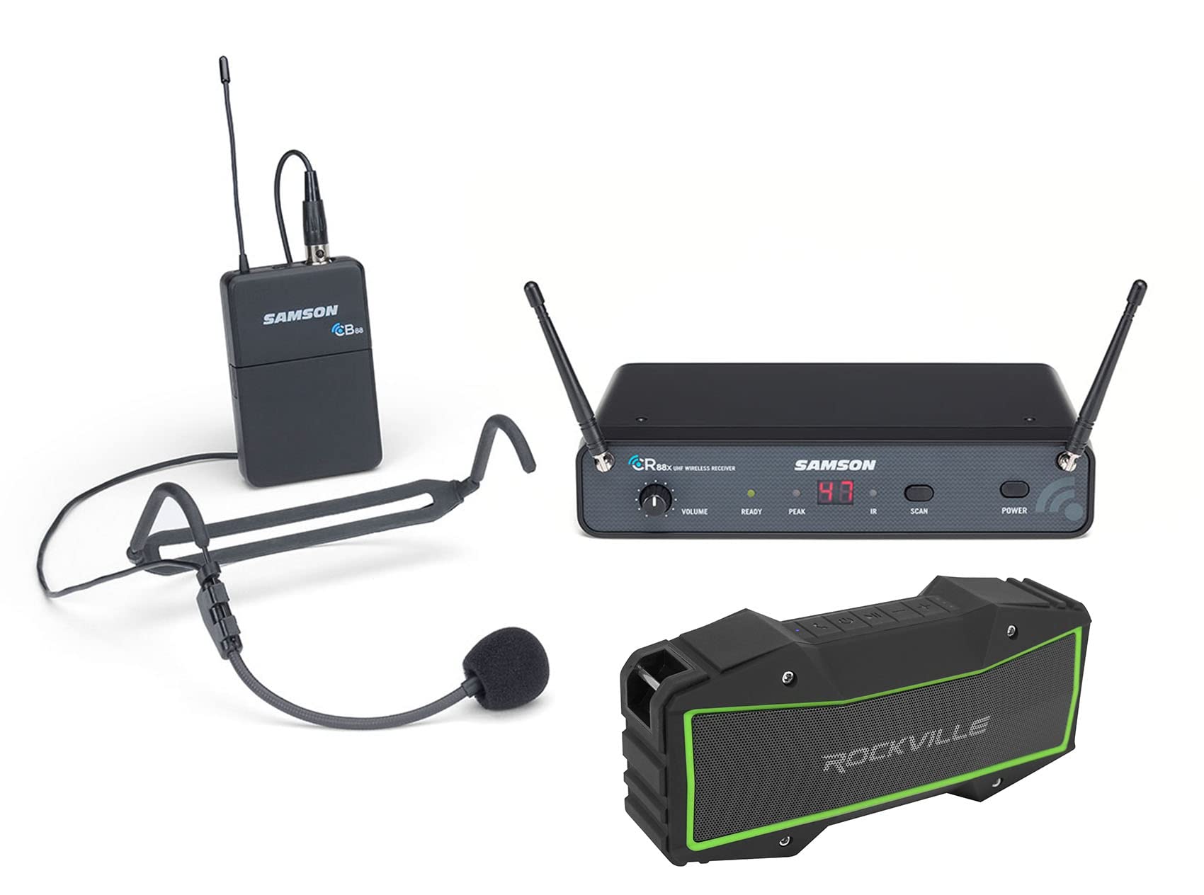 Samson Concert 88x 100-Channel Wireless Headset Microphone Bundle with Rockville RHB70 Bluetooth Home Theater Speaker System | Karaoke, Live Performances & Home Entertainment