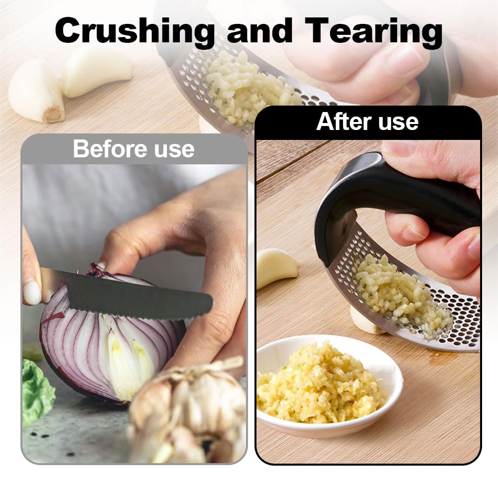 2024 Upgraded Stainless Steel Garlic Press with Peeler - Heavy Duty Garlic Crusher & Mincer for Cooking, Baking, and Meal Prep - Perfect for Kitchens, Restaurants, and Home Chefs (Black)