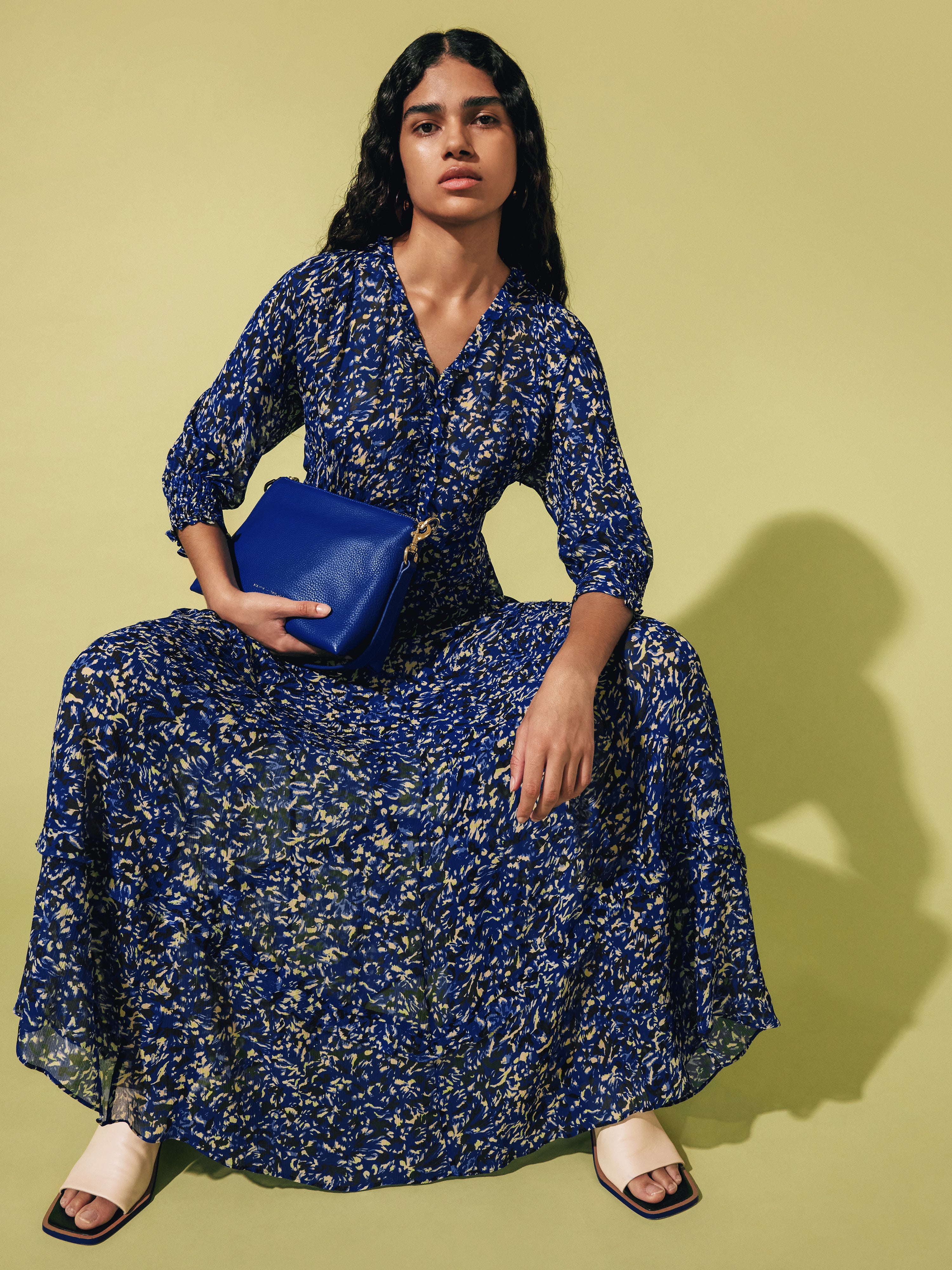 Elegant Brushwork Crinkle Ruffle Dress in Blue - Perfect for Summer Parties & Beach Vacations