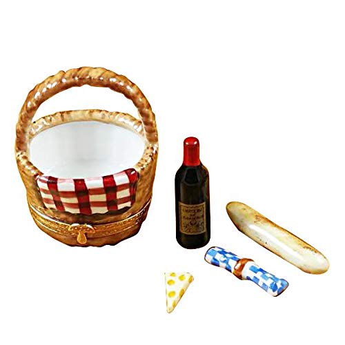Authentic French Limoges Porcelain Picnic Basket Figurine with Wine, Bread, Cheese & Napkin - Elegant Home Decor & Gift for Collectors