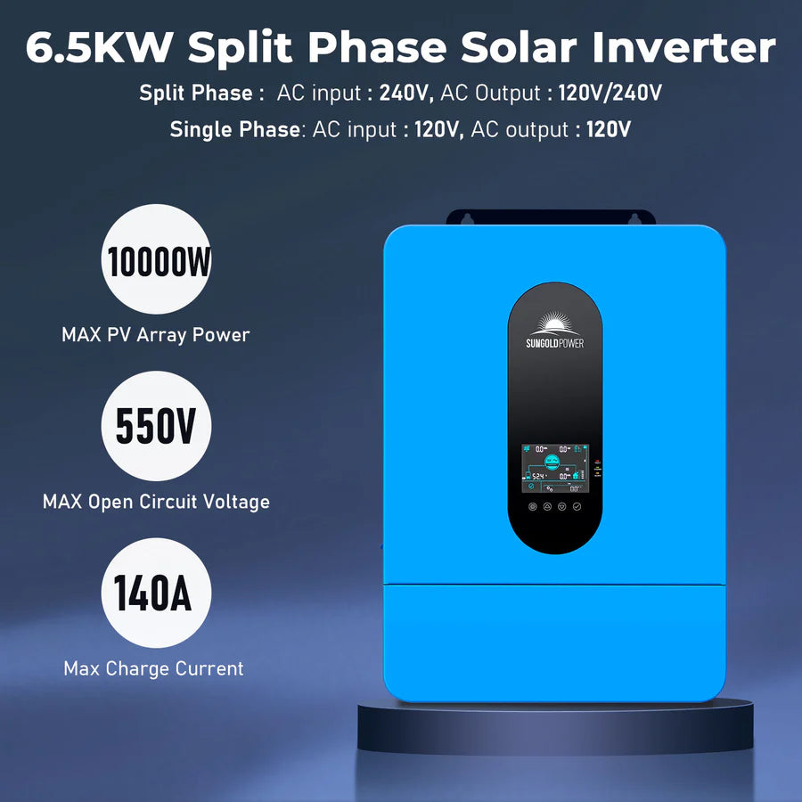 SunGoldPower 6.5kW 48V Split Phase Hybrid Solar Inverter - Off-Grid & Grid-Tied Solar Power System for Home, RV, and Emergency Backup