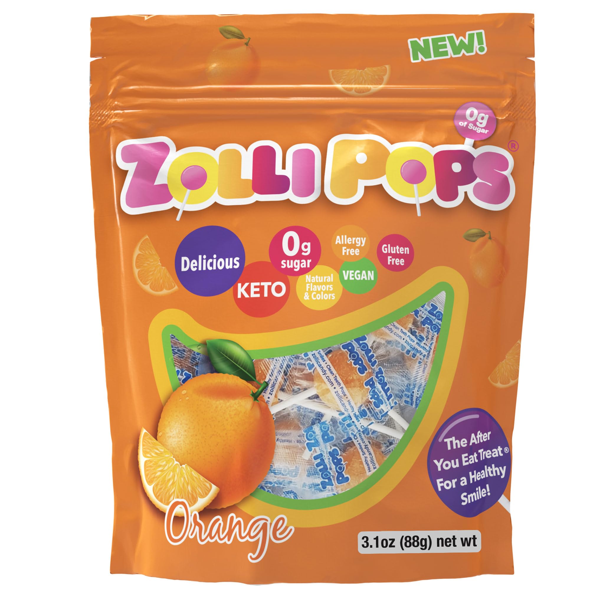 Zollipops Sugar-Free Clean Teeth Lollipops - Anti-Cavity Candy for Kids, Diabetics & Keto Diet - Natural Orange Flavor 3.1oz - Perfect for School Snacks, Birthday Parties & Healthy Treats