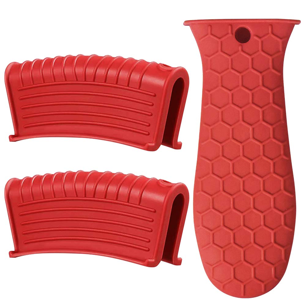 Heat-Resistant Non-Slip Silicone Handle Holders (3-Pack) - Safe Grip Sleeves for Cast Iron Skillets, Frying Pans & Cookware - Perfect for Grilling, Baking, Stovetop & Outdoor BBQ - Large Red Kitchen Accessories for Hot Pots, Camping & Everyday Cooking - Ideal for Home Chefs, Camping Trips & Outdoor Cooking Enthusiasts