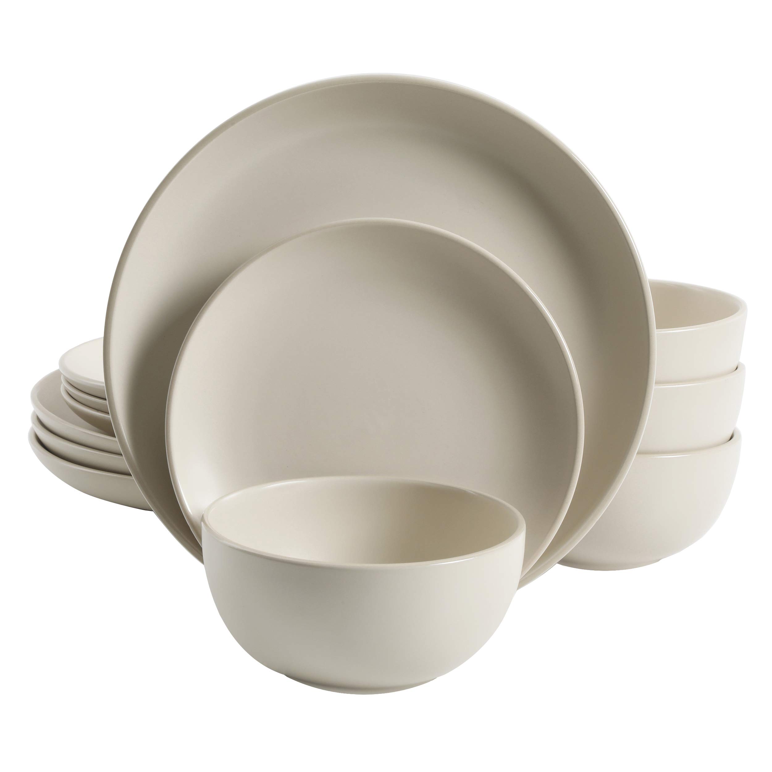 Premium Gibson Home Rockaway 12-Piece Round Stoneware Dinnerware Set for 4 - Cream White Porcelain Plates, Bowls & Mugs - Elegant Everyday Dining & Entertaining
