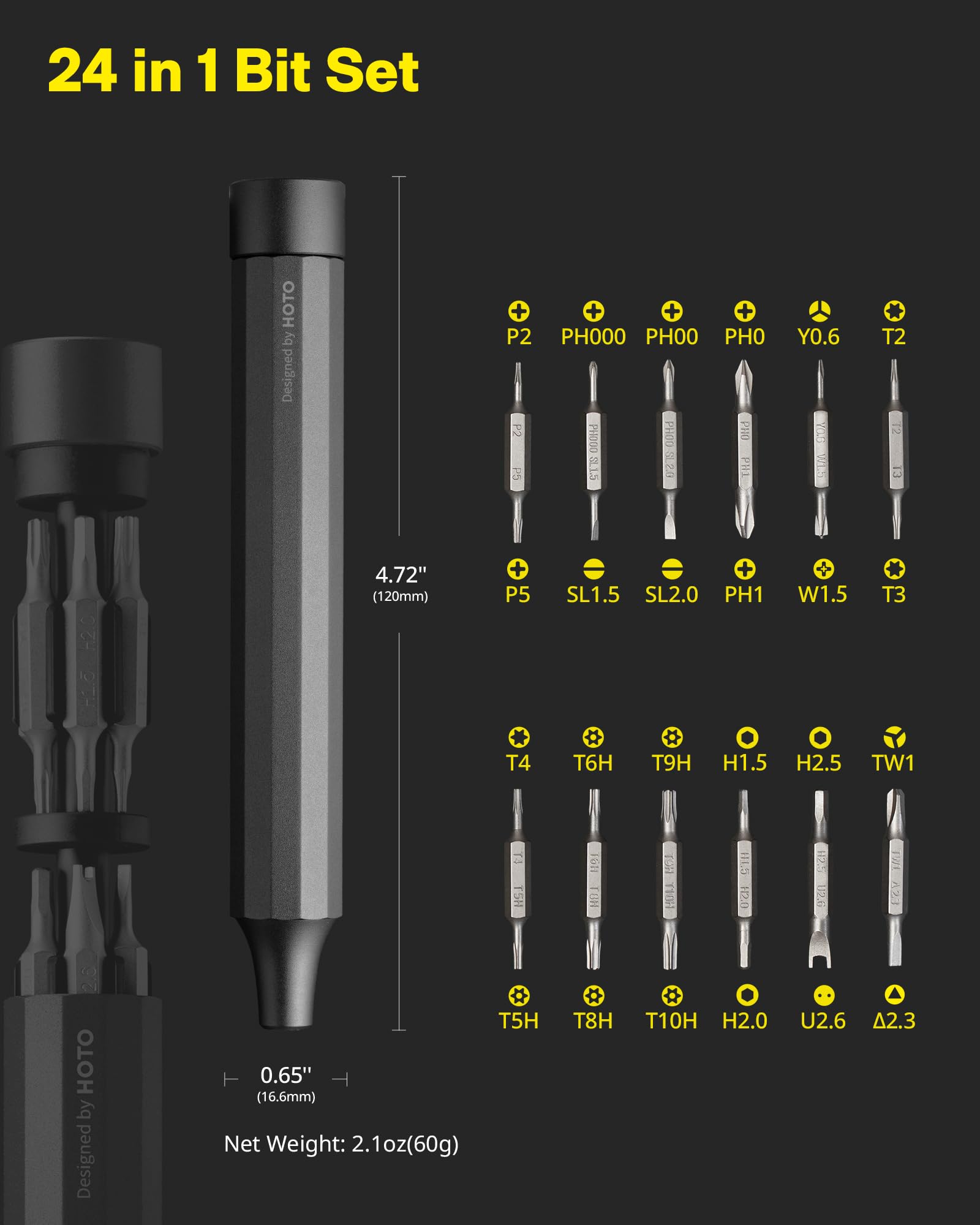 HOTO 24-in-1 Magnetic Precision Screwdriver Set - Mini Multi-Bit Tool for Eyeglasses, Electronics, Watches, Phones, Laptops & Cameras - Perfect for DIY Repairs, Home Improvement & Tech Maintenance (Slate Grey)