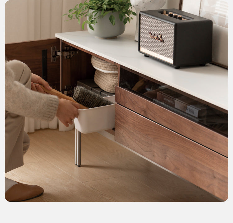 Modern Black Walnut Solid Wood TV Stand with Rock Panel Design - Stylish Entertainment Center for Living Room, Home Theater & Media Storage