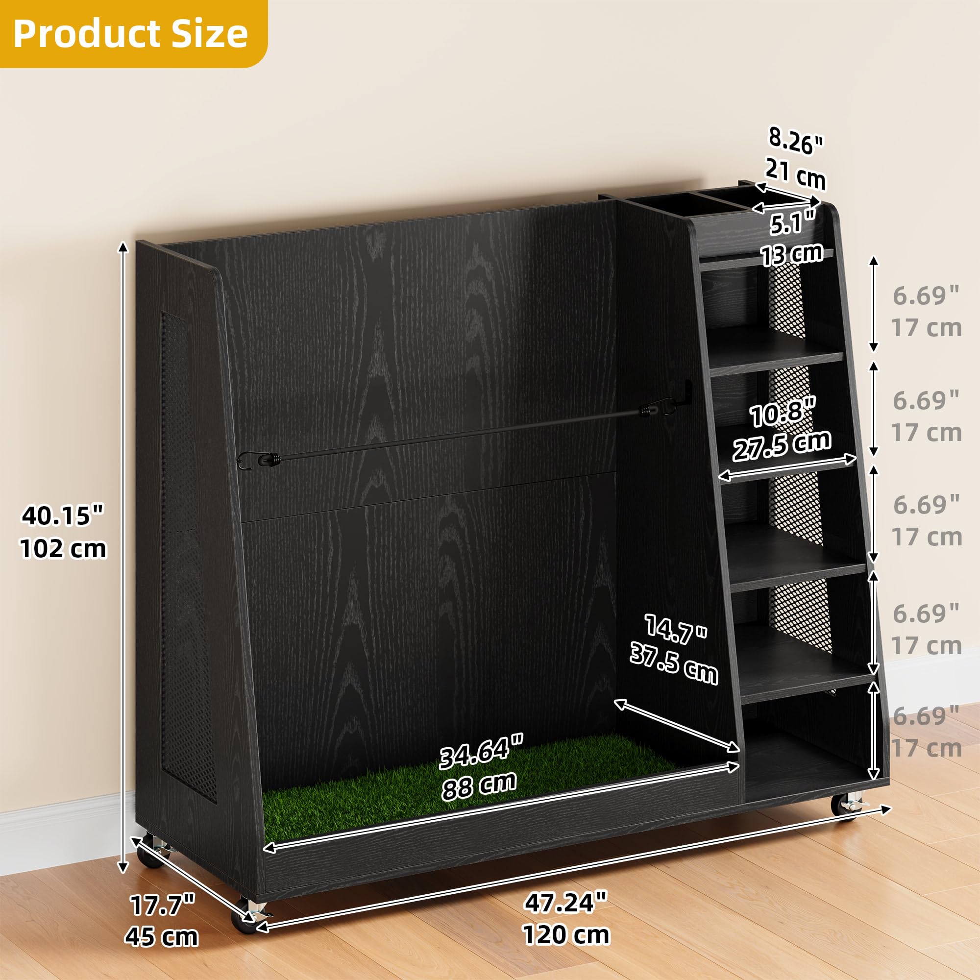 DWVO Wooden Golf Bag Stand Holder with Wheels - Garage Golf Storage Organizer for 2-3 Golf Bags, Clubs, Balls & Accessories | Space-Saving Golf Equipment Organizer for Home, Garage & Clubhouse Storage