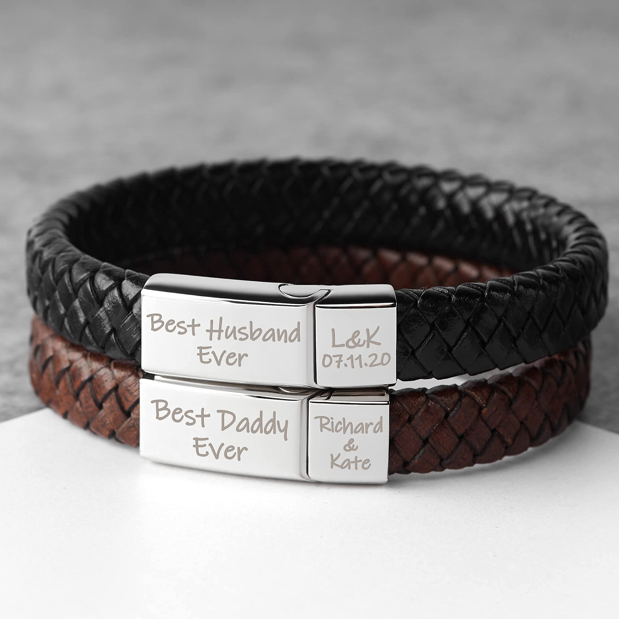 Custom Engraved Leather Bracelet for Men - Personalized Braided Leather Wristband with Message - Unique Christmas Gift for Boyfriend, Husband, Dad - Perfect for Anniversaries, Birthdays & Everyday Wear