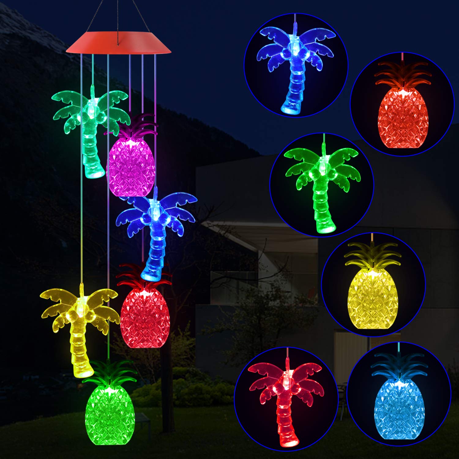 Solar Wind Chime with Color Changing Lights - Waterproof Coconut Pineapple Wind Chime for Outdoor Garden Decor, Romantic Gift for Women - Perfect for Patio, Backyard, and Porch Decoration