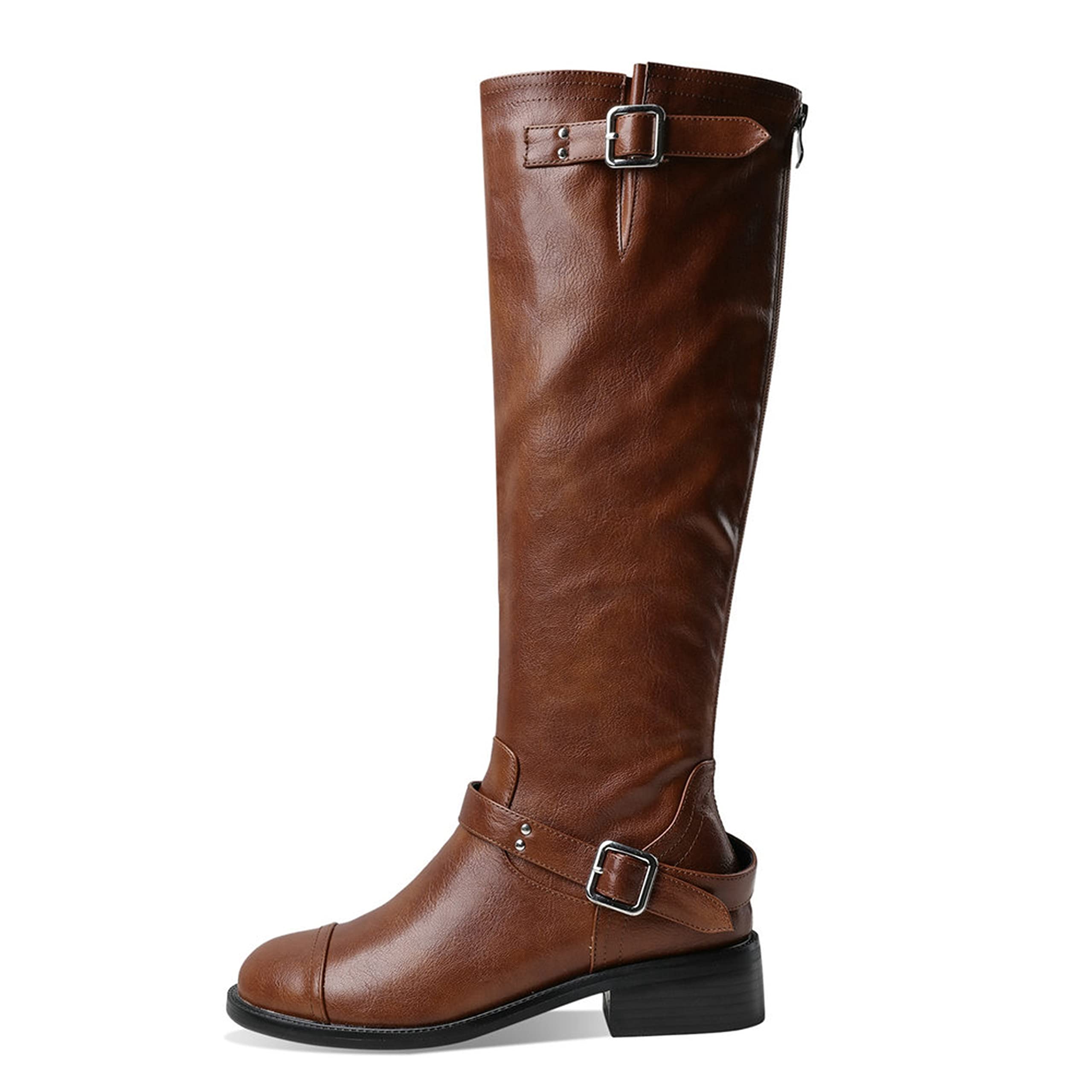 SeiteHuud Women's Black Combat Boots - Knee High Leather Boots with Side Zipper | Stylish & Durable for Outdoor, Work & Fashion